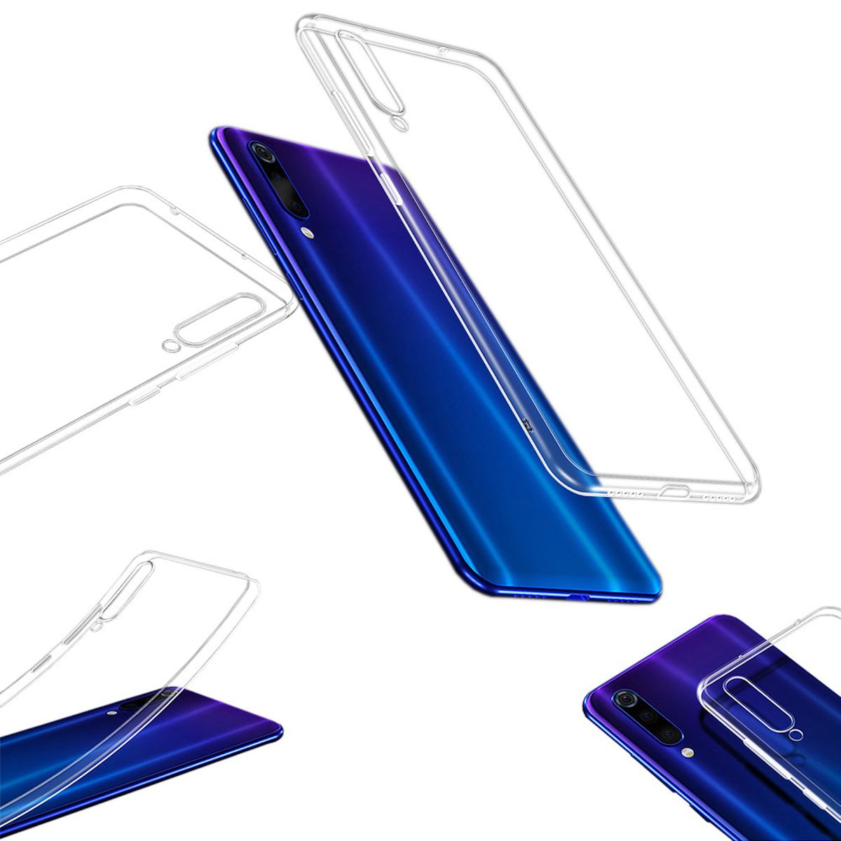 Transparente Handyhülle mit blauem und lila Telefon.