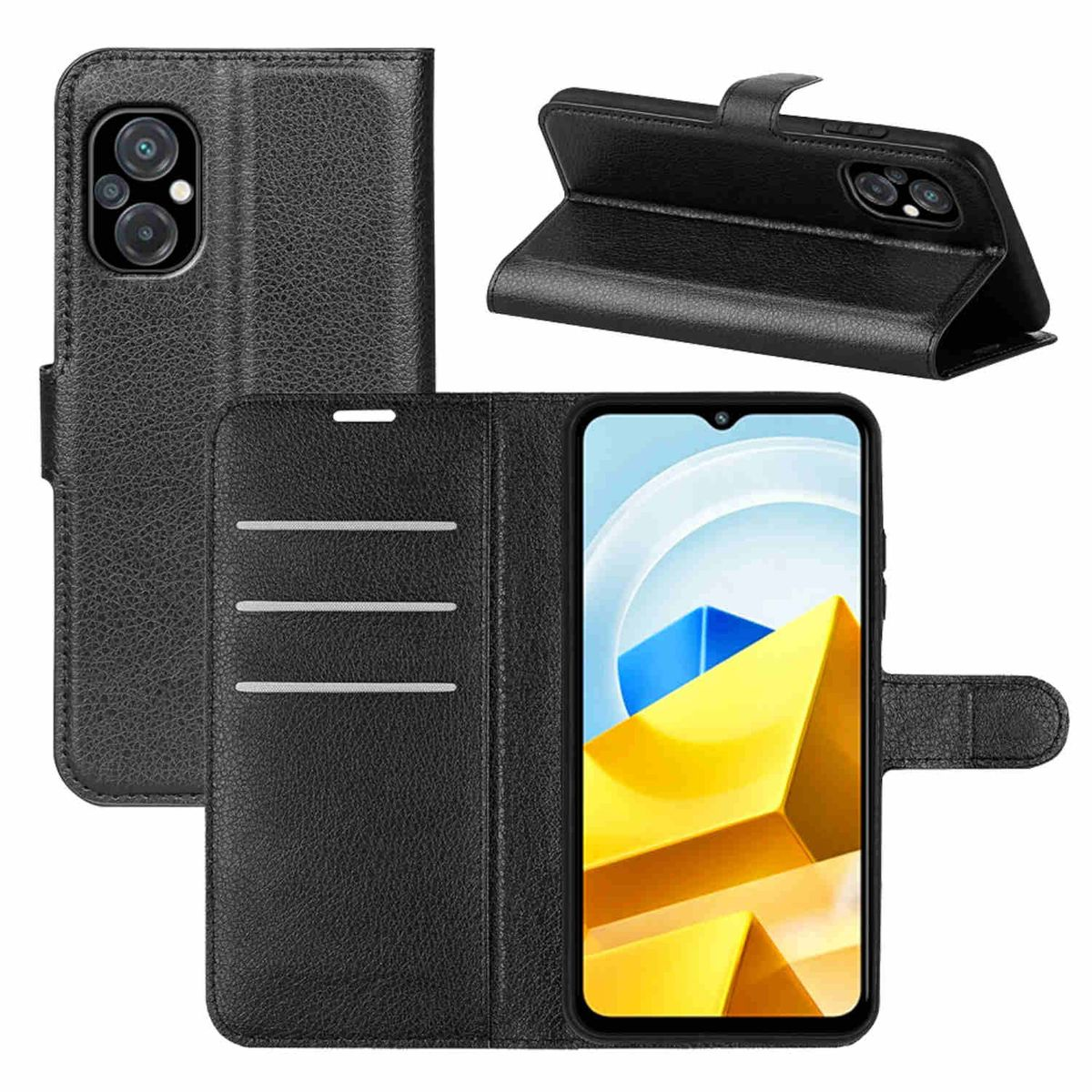 Schwarze Leder-Handyhülle mit Telefon. Es hat Kartenfächer und einen Magnetverschluss.