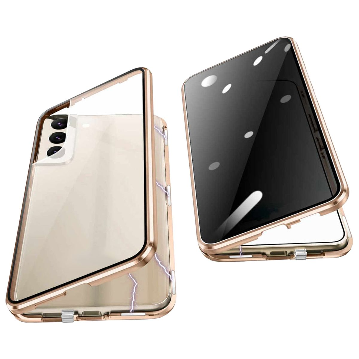 / / Grad Hülle, 5G, Glas Samsung, Mirror Cover, Transparent 360 WIGENTO Magnet Galaxy S23 Privacy Gold Full Beidseitige