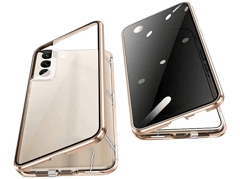 WIGENTO Beidseitige 360 Grad Magnet / Glas Privacy Mirror Hülle, Full Cover, Samsung, Galaxy S23 5G, Gold / Transparent