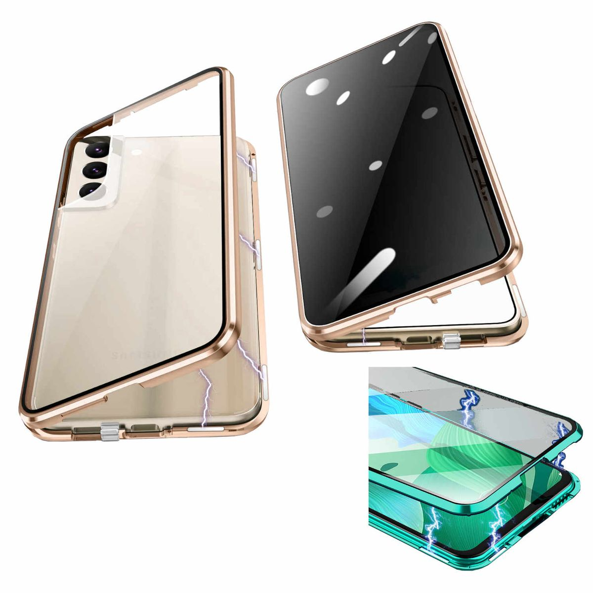 WIGENTO Beidseitige Cover, Full Grad Transparent Samsung, 5G, Privacy Magnet / / 360 Mirror Galaxy S23 Gold Glas Hülle