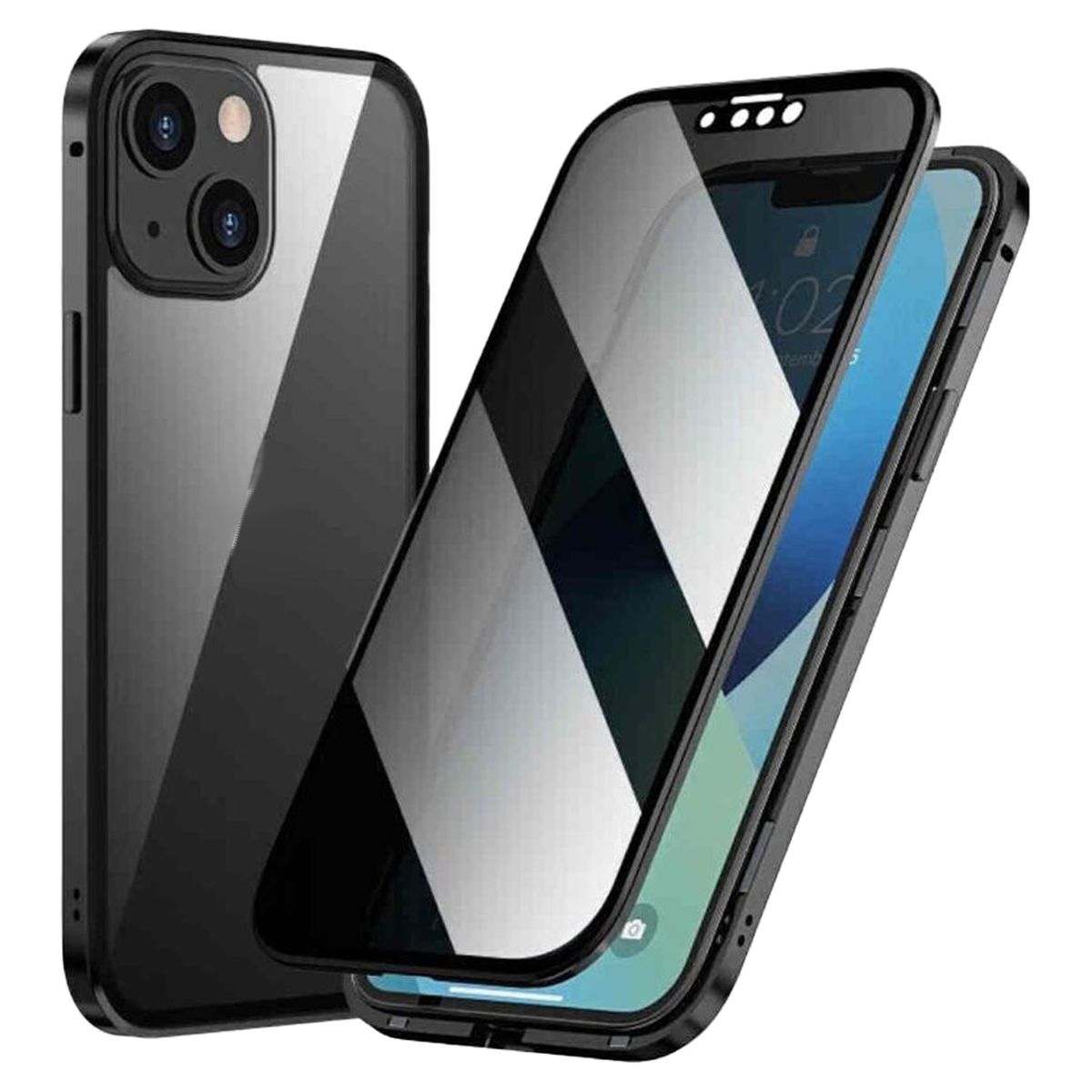 WIGENTO Beidseitiger Apple, / iPhone Plus, Magnet Grad Mirror 15 Transparent Hülle, 360 Privacy Glas Cover, / Schwarz Full
