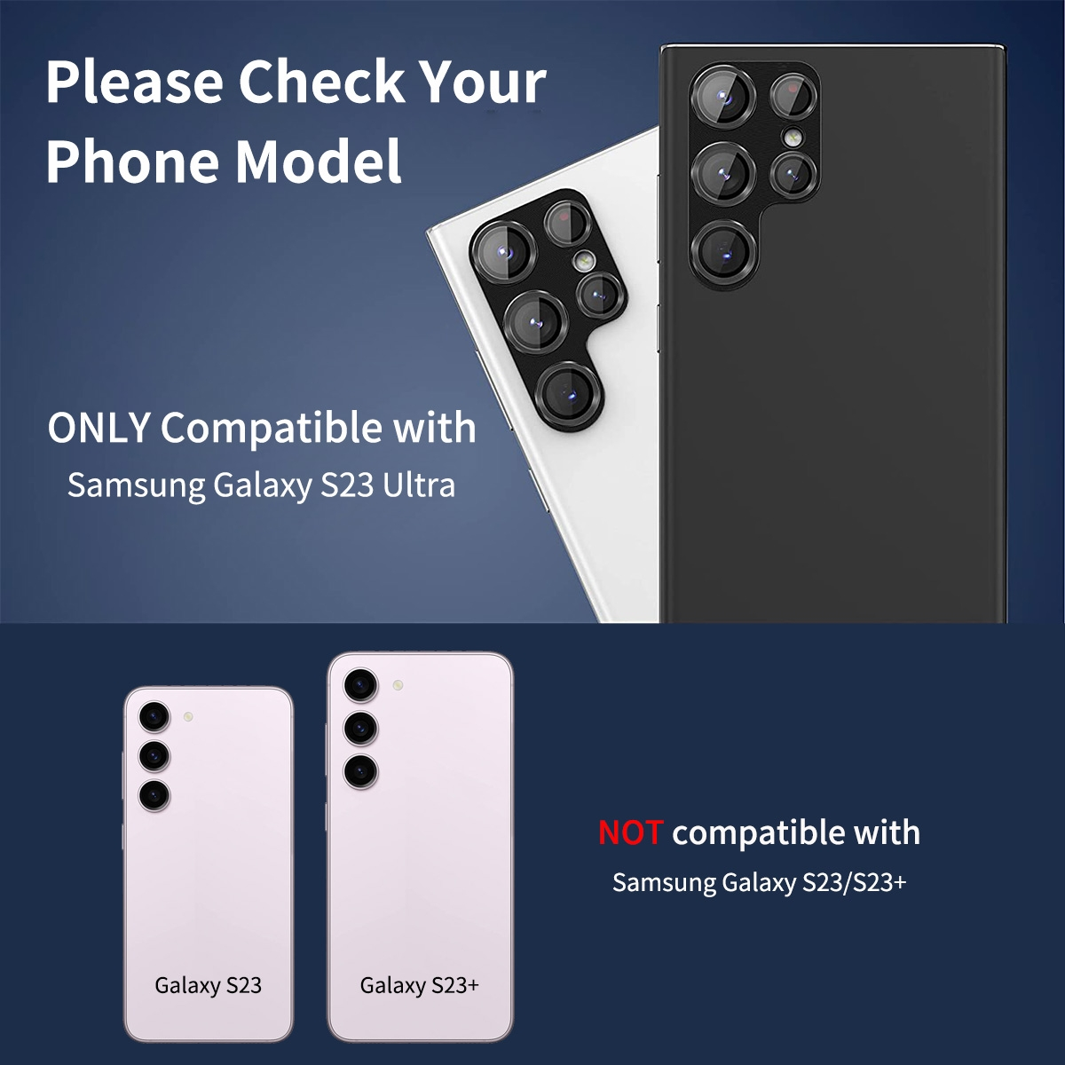 Immagini dei telefoni Samsung Galaxy S23 Ultra e S23/S23+, evidenziando la compatibilità.