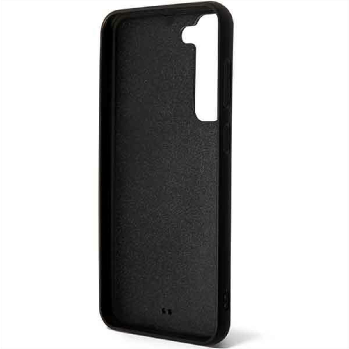 Custodia per telefono nera. Vista interna che mostra un ritaglio per la fotocamera e i pulsanti laterali del telefono. Sfondo bianco.