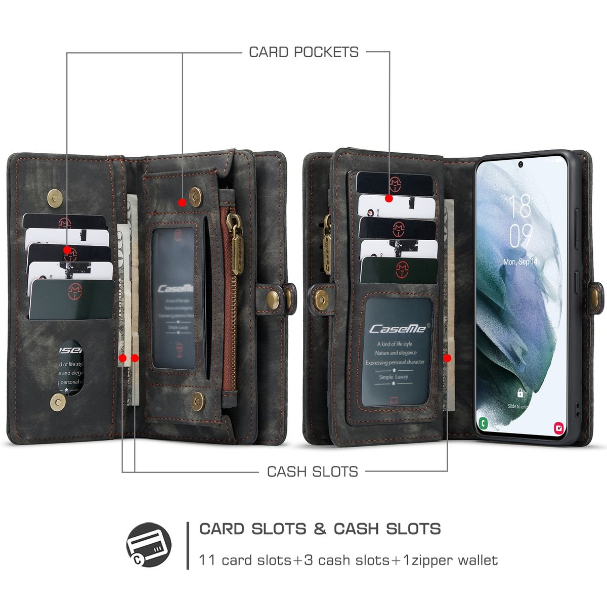 S21 Kunstleder Schwarz WIGENTO Tasche Samsung, kombiniert Geldbörse Bookcover, Galaxy Ultra, und Reißverschluss, Schutz