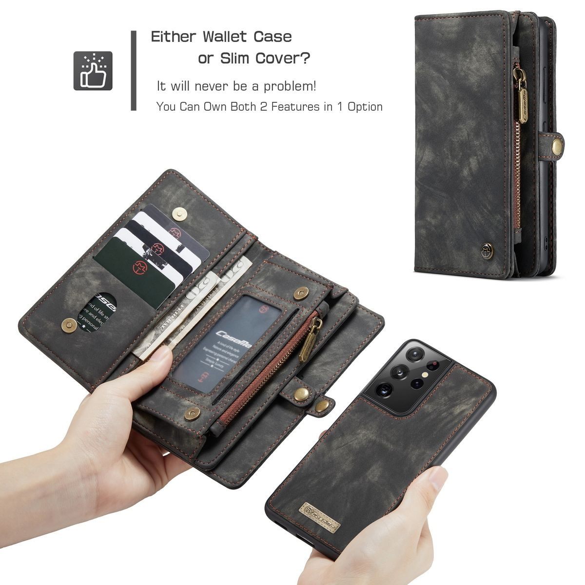 Bookcover, Reißverschluss, Kunstleder Ultra, kombiniert Schutz und Galaxy WIGENTO Schwarz S21 Samsung, Geldbörse Tasche