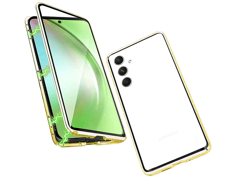WIGENTO Beidseitiger 360 Grad Magnet Glas Metall Aluminium Hülle, Full Cover, Samsung, Galaxy A34 5G, Gold / Transparent