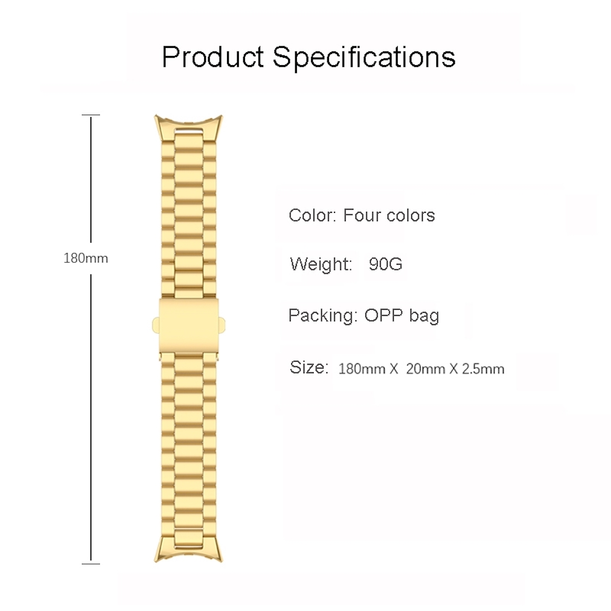 Ein goldfarbenes Uhrenarmband auf weißem Hintergrund. Der Text gibt Produktspezifikationen, einschliesslich der Grösse.
