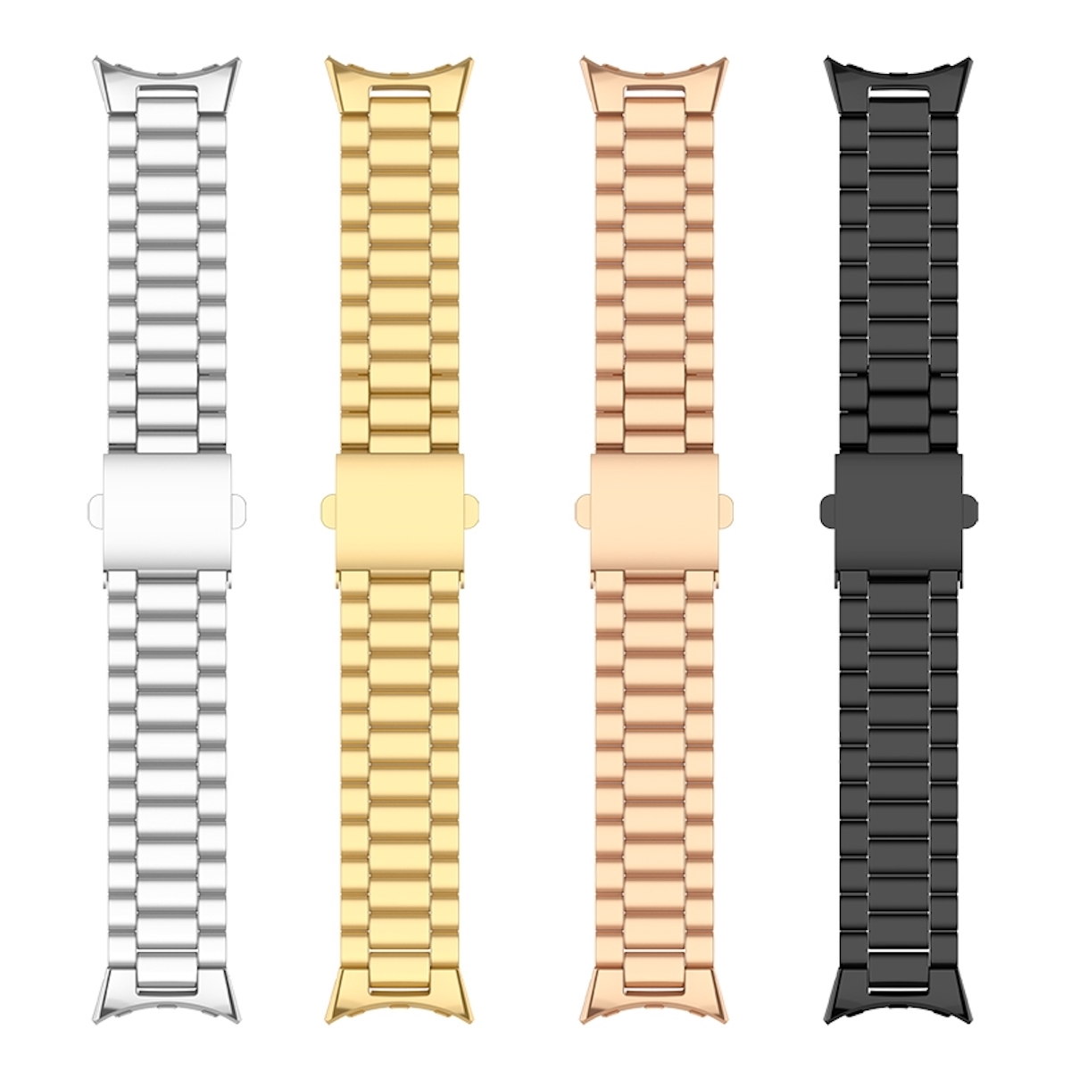 Vier Uhrenarmbänder in Silber, Gold, Roségold und Schwarz, jedes mit einem Verschluss und rechteckigem Glieddesign.