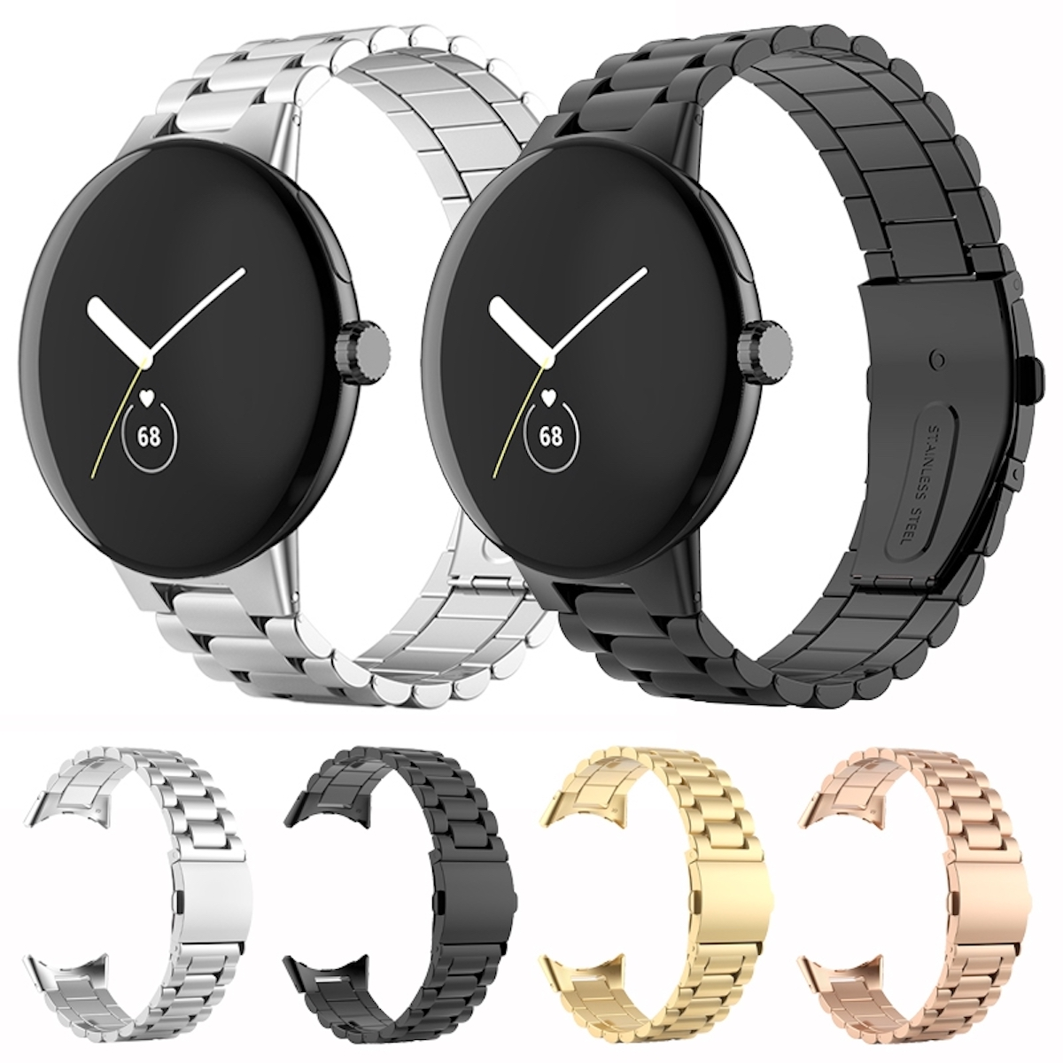 Smartwatches mit Metallbändern in verschiedenen Farben, die Zeit anzeigen, auf weißem Hintergrund.