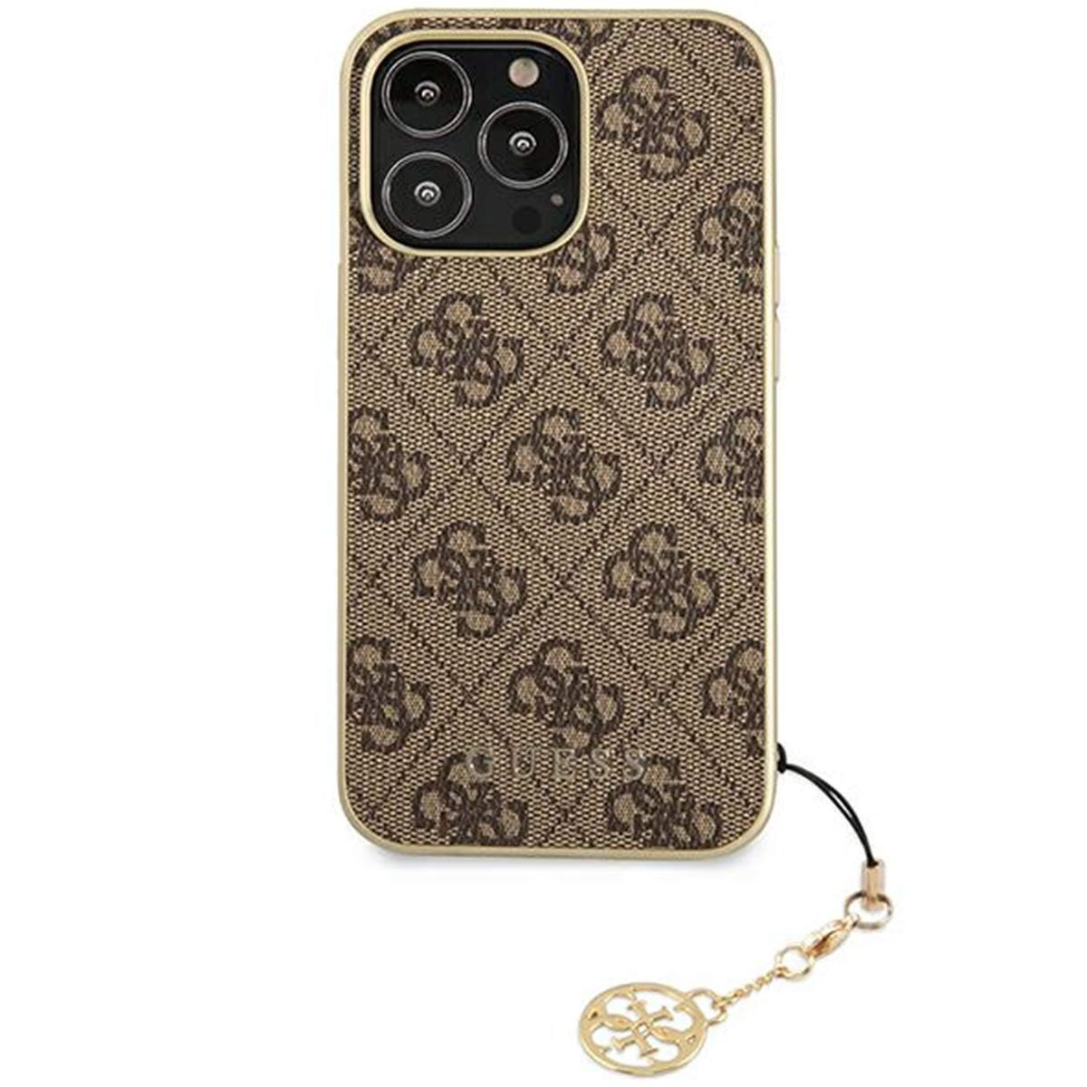 Braune Guess-Handyhülle mit goldenem Rand und Kette mit Anhänger. Mit Guess-Logo gemustert.