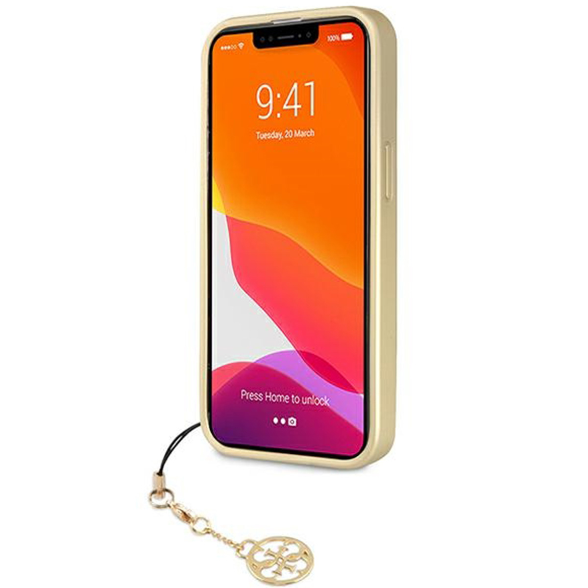 Eine goldene Handyhülle mit einem iPhone darin. Telefon zeigt die Uhrzeit 9:41.