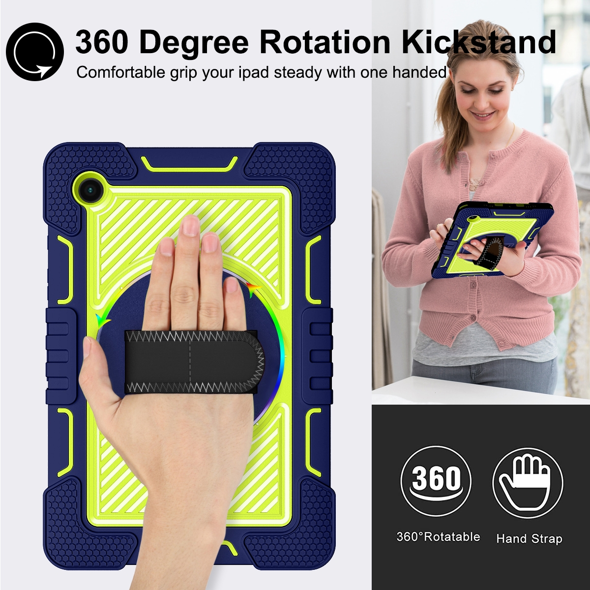 Ein Tablet mit Hülle und eine Frau, die ein ähnliches Tablet hält. Die Hülle hat eine Handschlaufe.