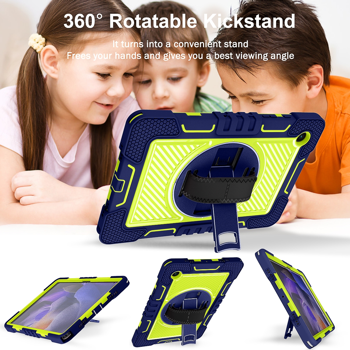 Tablethülle mit Kindern im Hintergrund. Mehrere Ansichten der Hülle mit einem Ständer.
