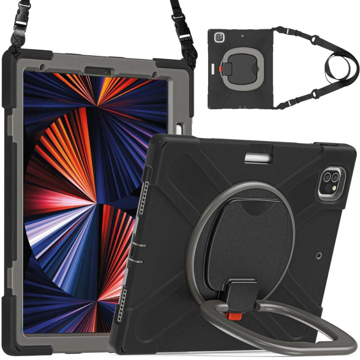 WIGENTO 360 Pro Apple, 12.9 Grad / mit 2020 Hybrid Hülle Halteschlaufe, / 2021 2018, iPad Aufstellfunktion 2022 Backcover, & Schwarz / Outdoor