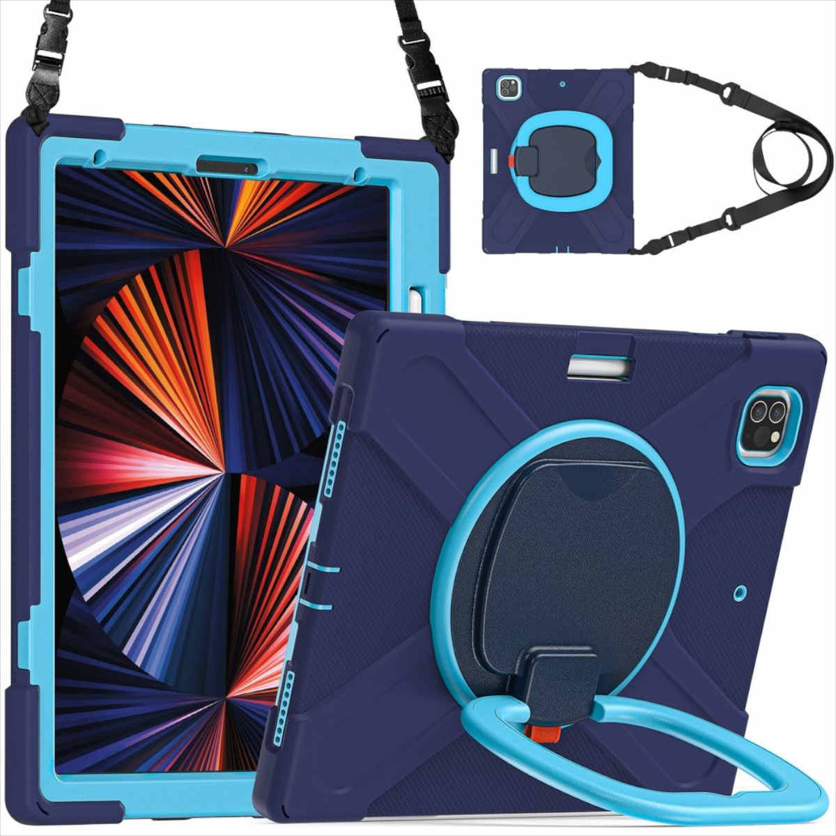 Backcover, 2020 Blau / / 12.9 Pro Mehrteilig 2022 Grad & iPad 360 WIGENTO Outdoor Apple, Hybrid mit 2018, Halteschlaufe, 2021 Hülle / Aufstellfunktion