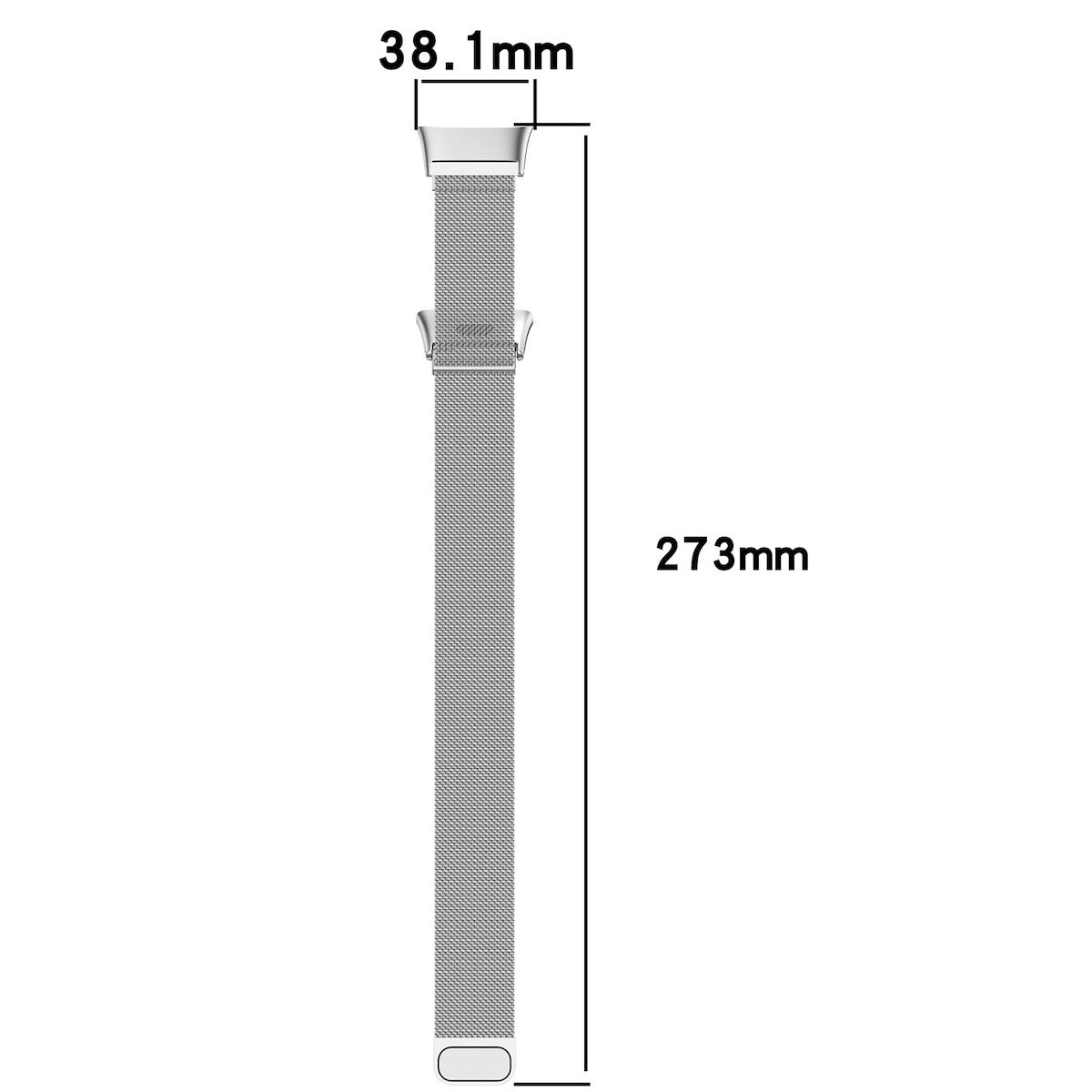 Ein silbernes Uhrenarmband mit Mesh-Design, mit Abmessungen von 273mm und 38,1mm.