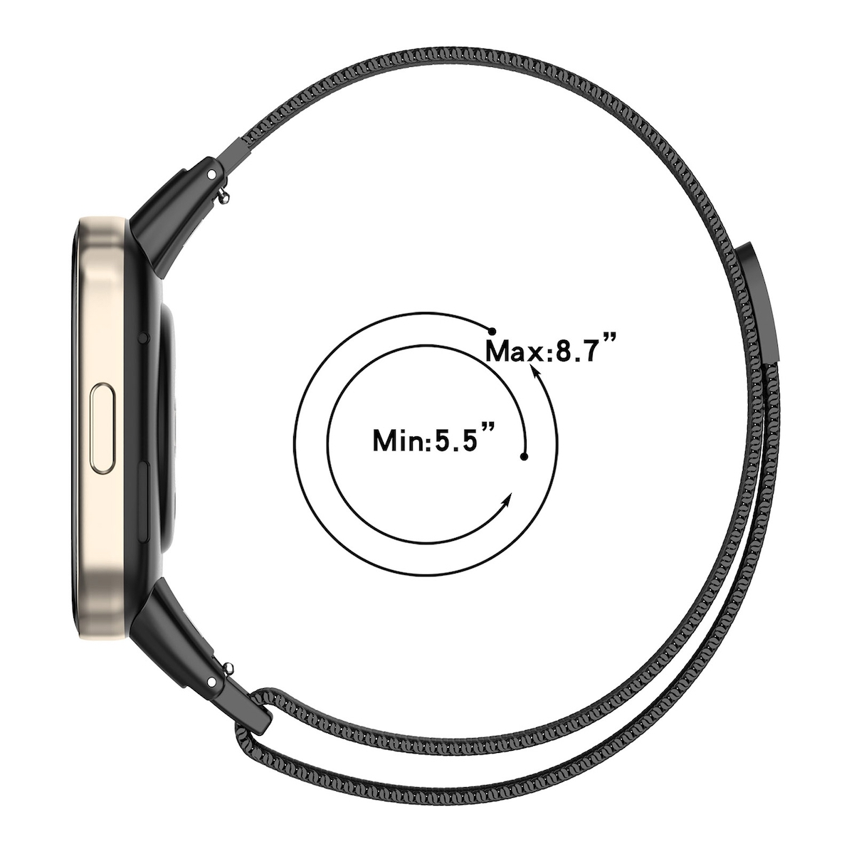Eine Smartwatch mit schwarzem Armband, die den Handgelenkgrößenbereich von 5,5 bis 8,7 Zoll zeigt.