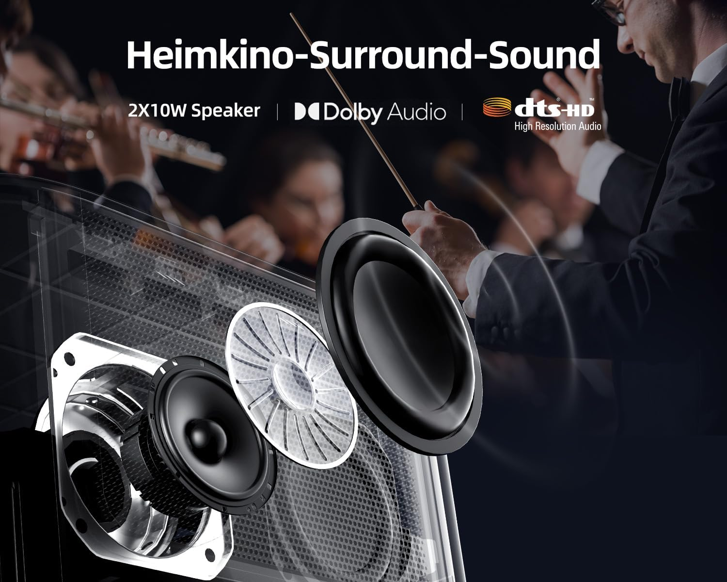 Lautsprecher mit Schallwellen. Text: Heimkino-Surround-Sound.