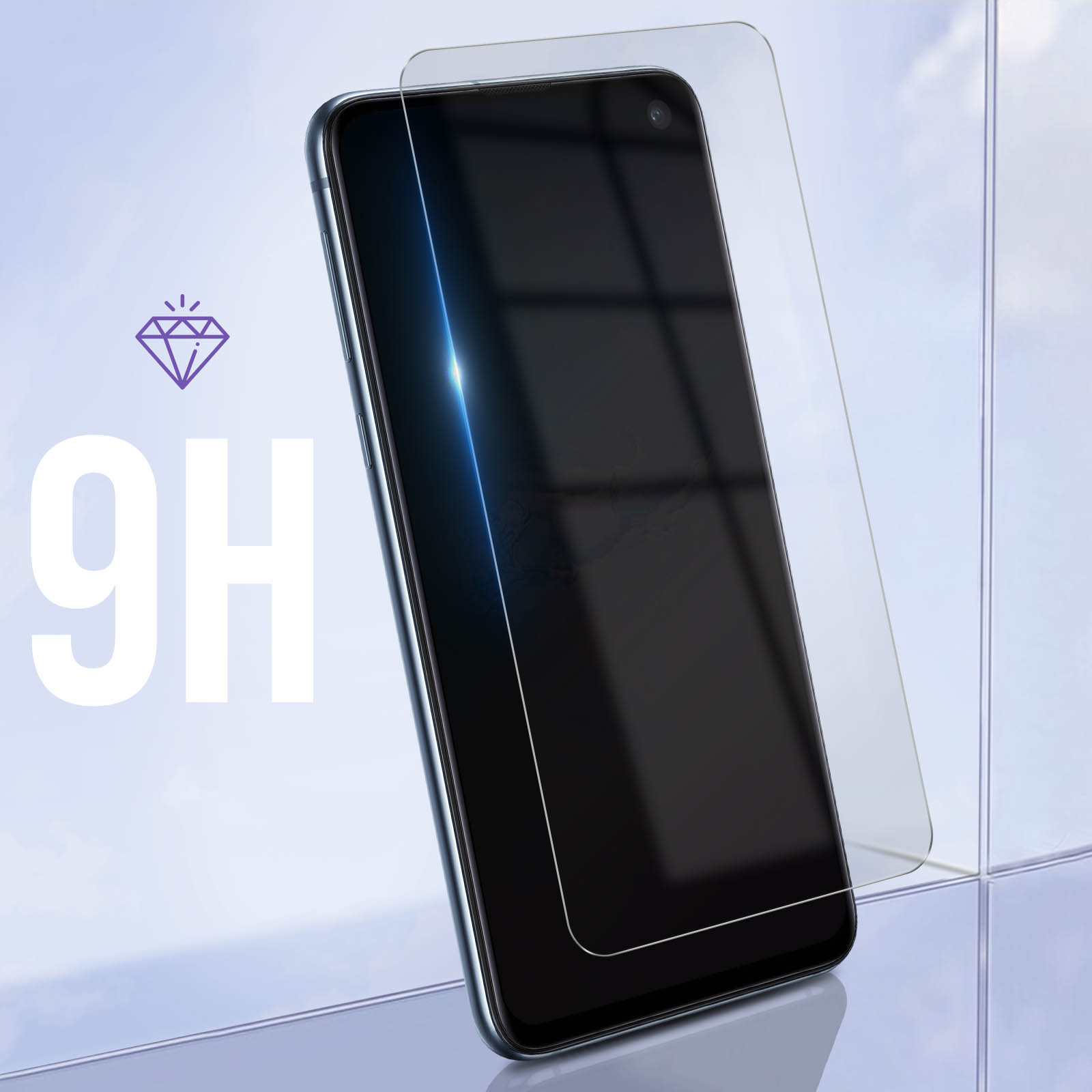 Uno smartphone con una protezione per lo schermo applicata. La protezione mostra un diamante.