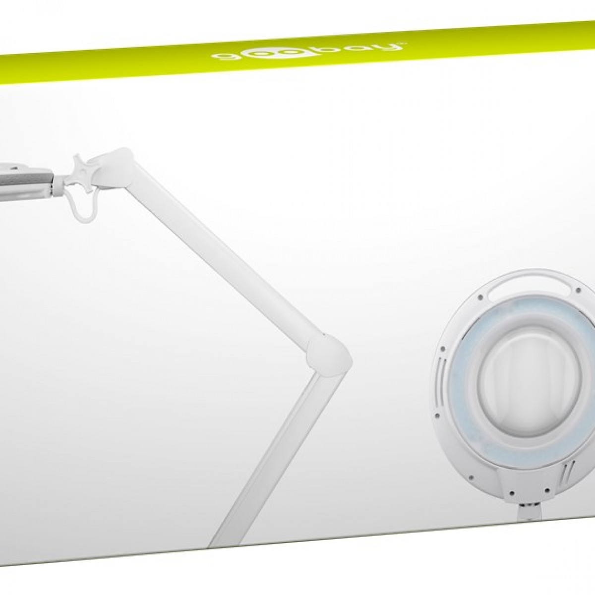 Eine weiße, verstellbare Schreibtischlampe mit kreisförmiger Lupe und grünem Deckel.