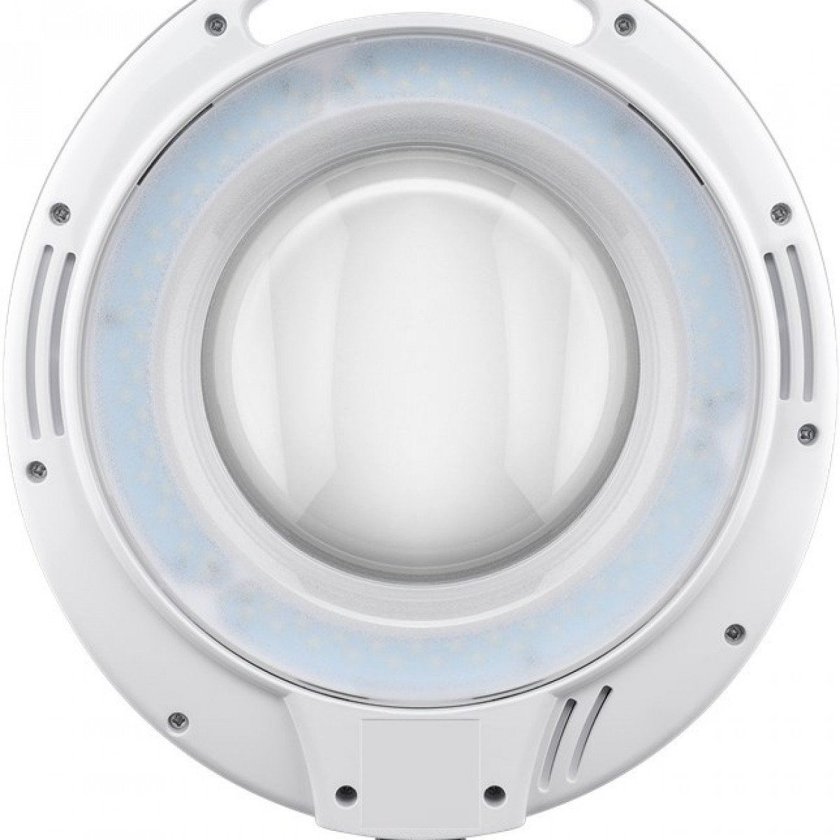 Eine weiße Lupenlampe mit kreisförmigem Licht und klarer Linse.