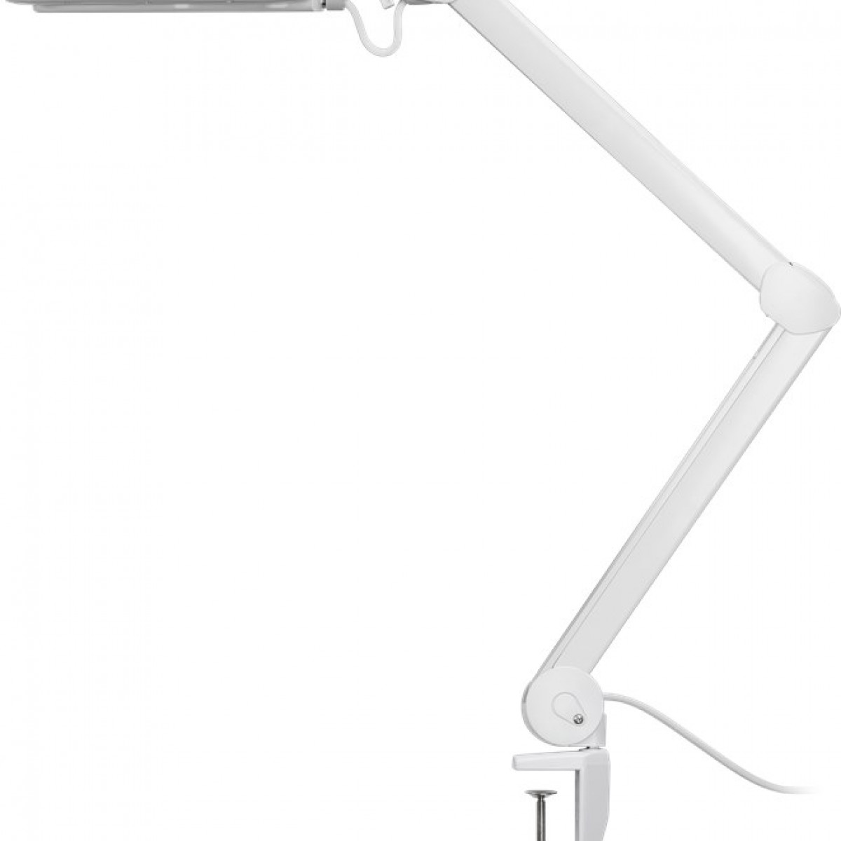 Weiße, verstellbare Schreibtischlampe mit Klemmfuß, vor weißem Hintergrund.
