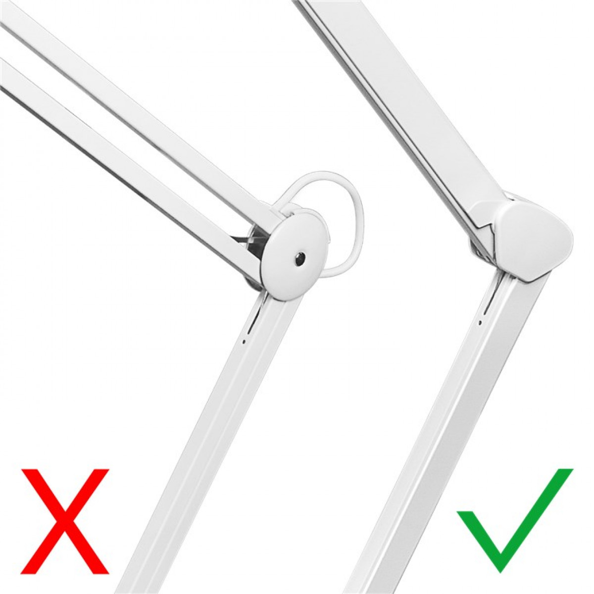 Weiße Schreibtischlampe, die richtige und falsche Gelenke zeigt. Das grüne Häkchen zeigt richtig.