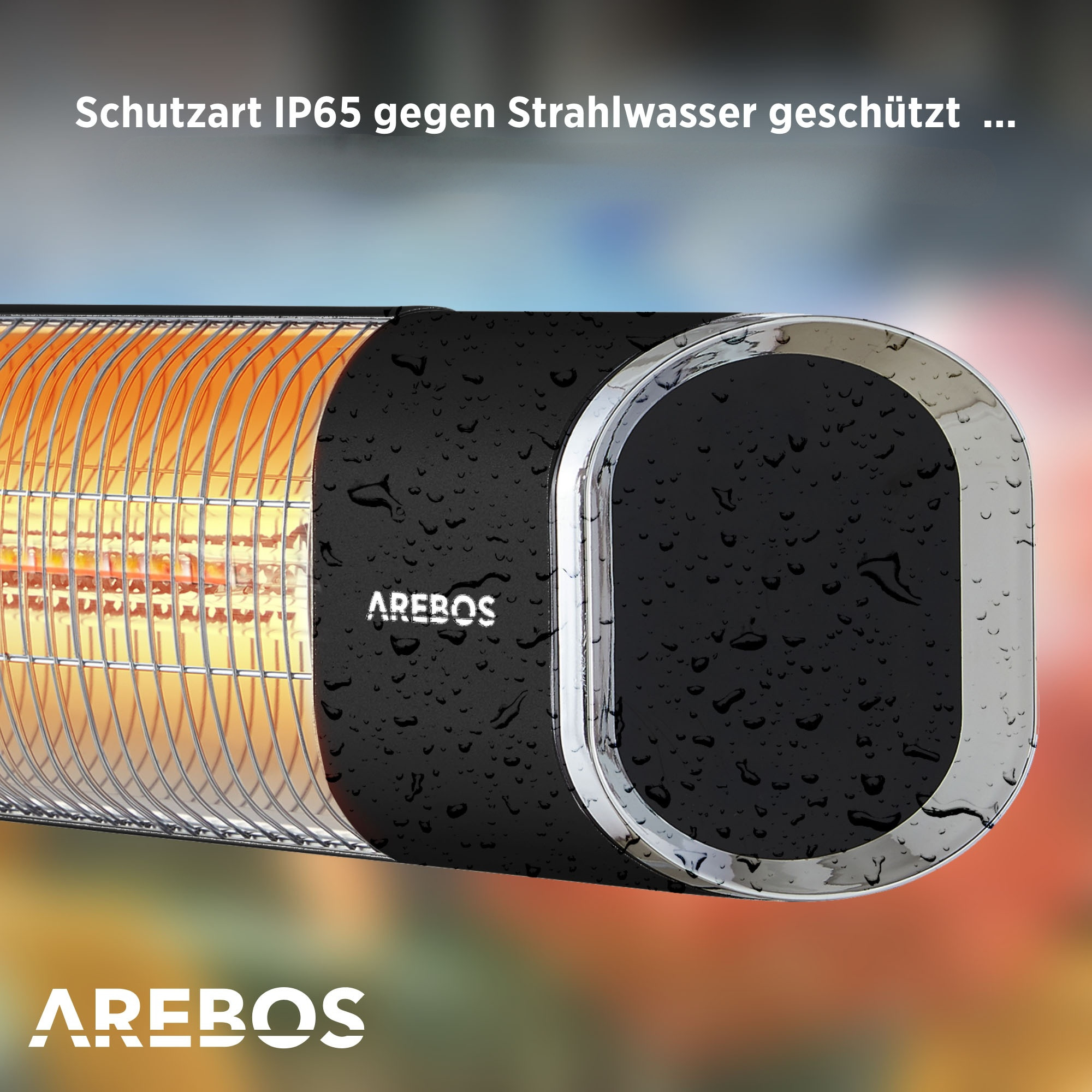 Schwarzer und silberner Außenheizer mit Wassertropfen und dem Markennamen AREBOS.