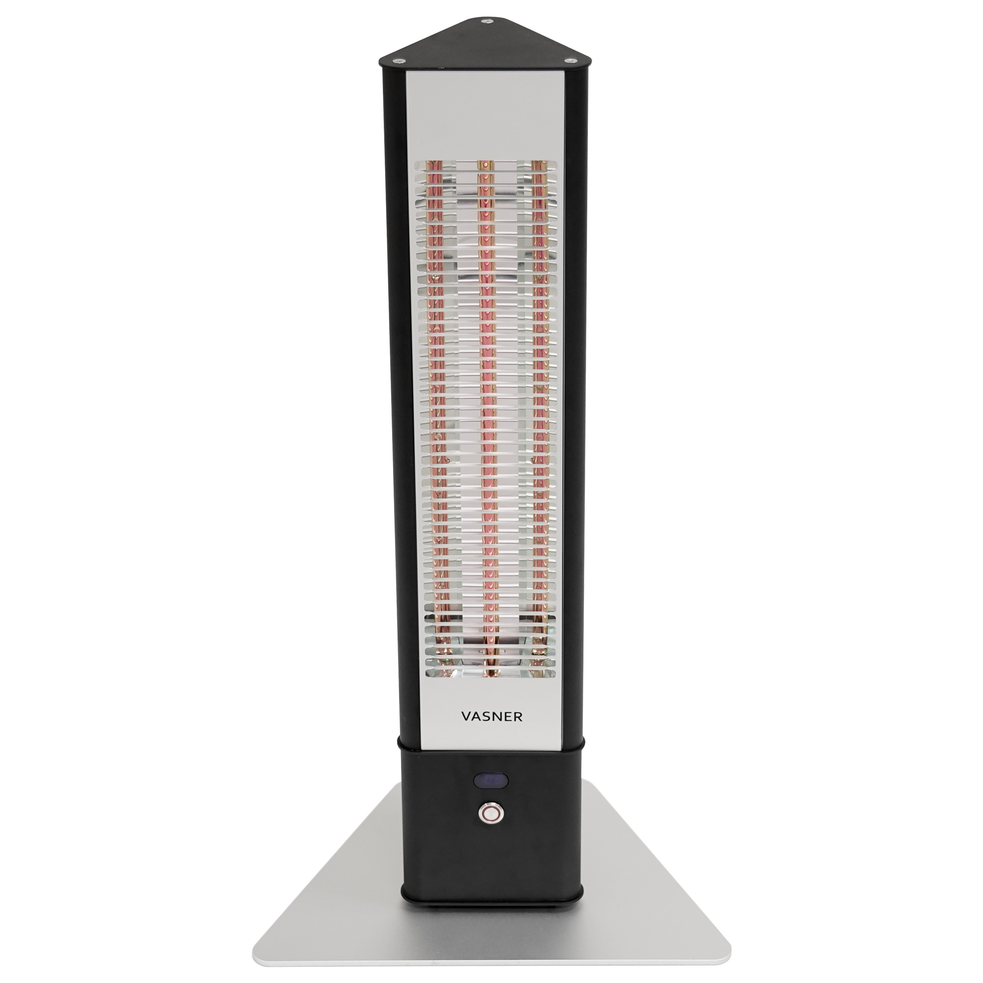 Ein hoher, schwarz-silberner Elektroheizer mit rotem Heizelement.