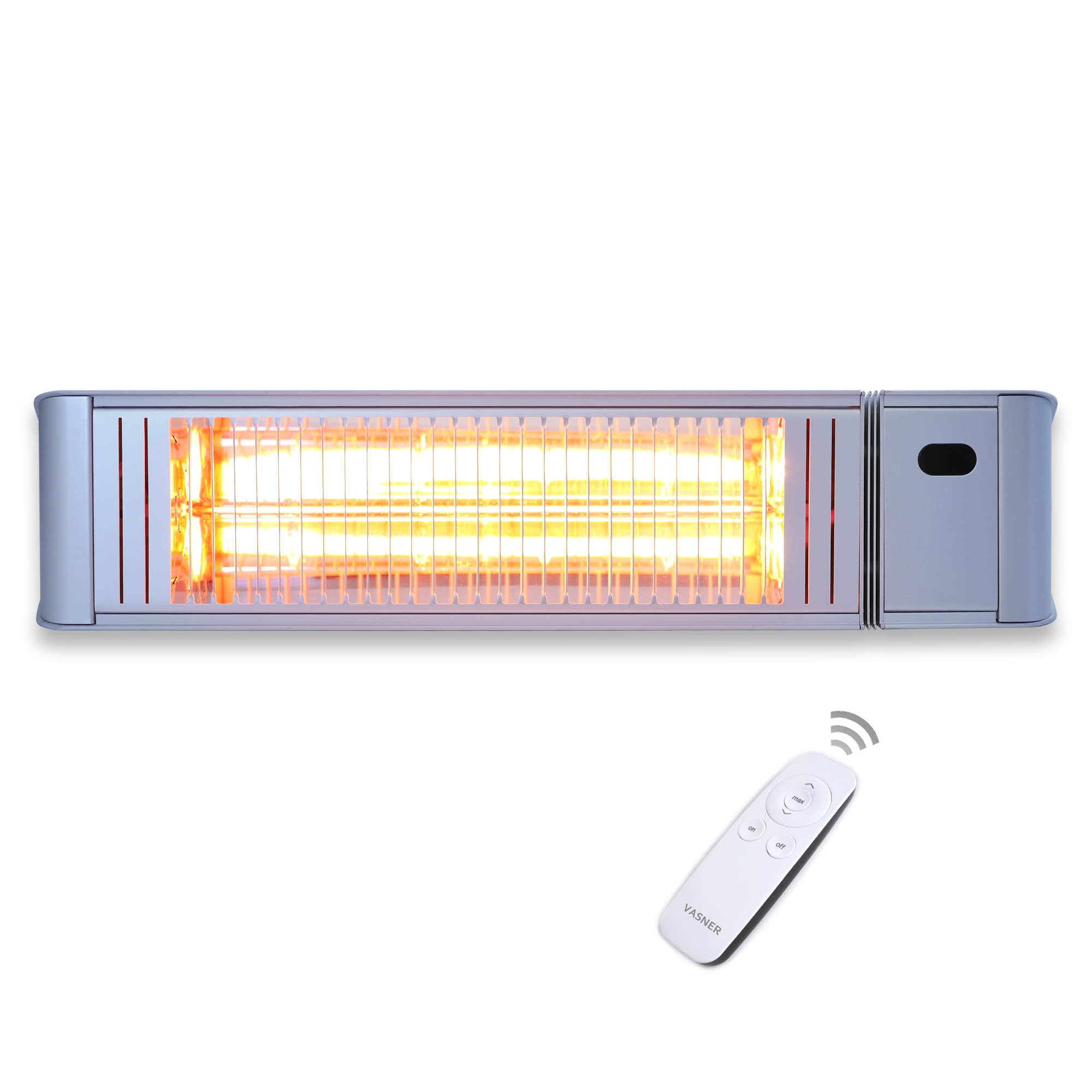 Silberner Außenheizstrahler mit hellorangefarbenem Glühen und Fernbedienung unten.