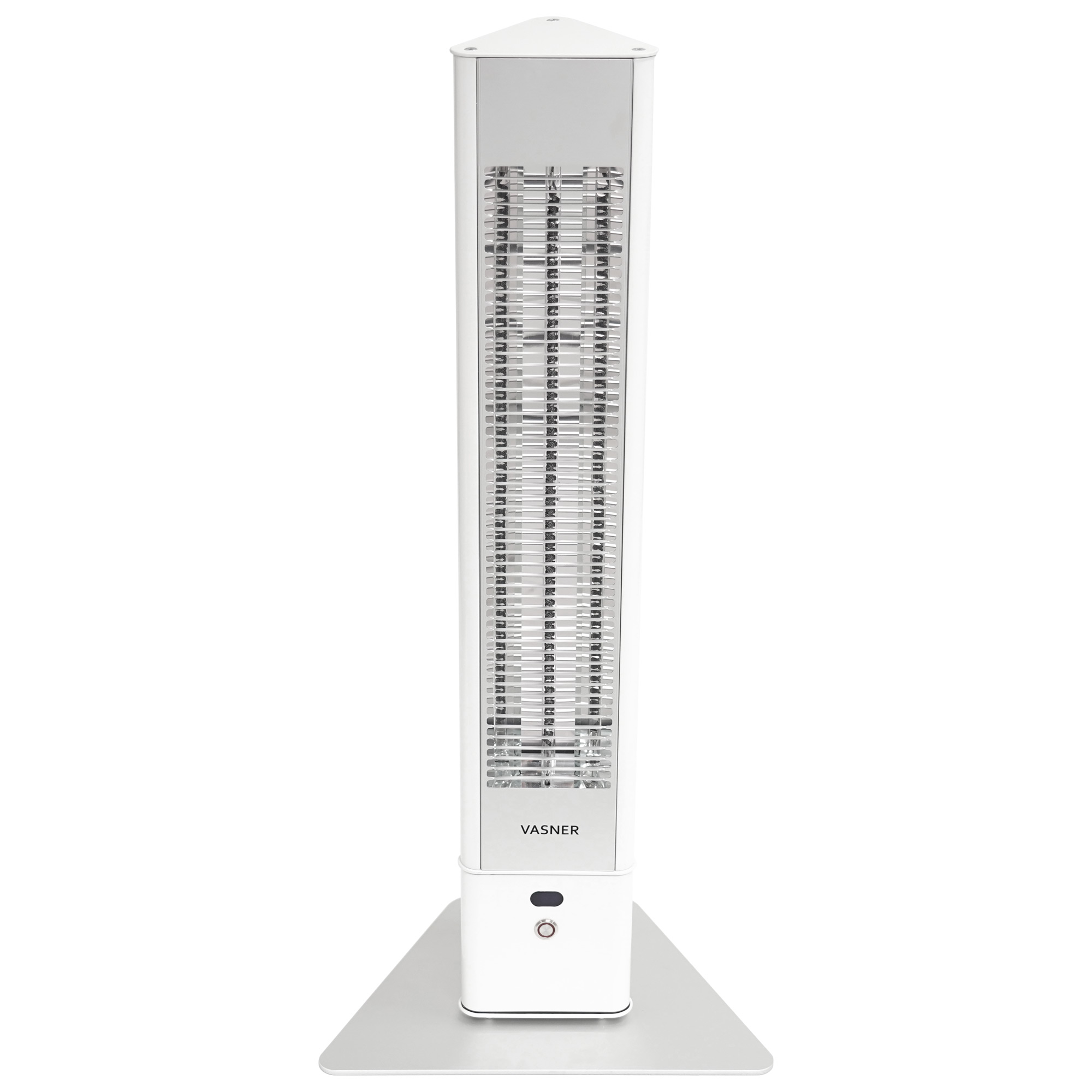 Weißer Turmheizkörper steht auf Metallfuß. Silber- und Weiß-Design.