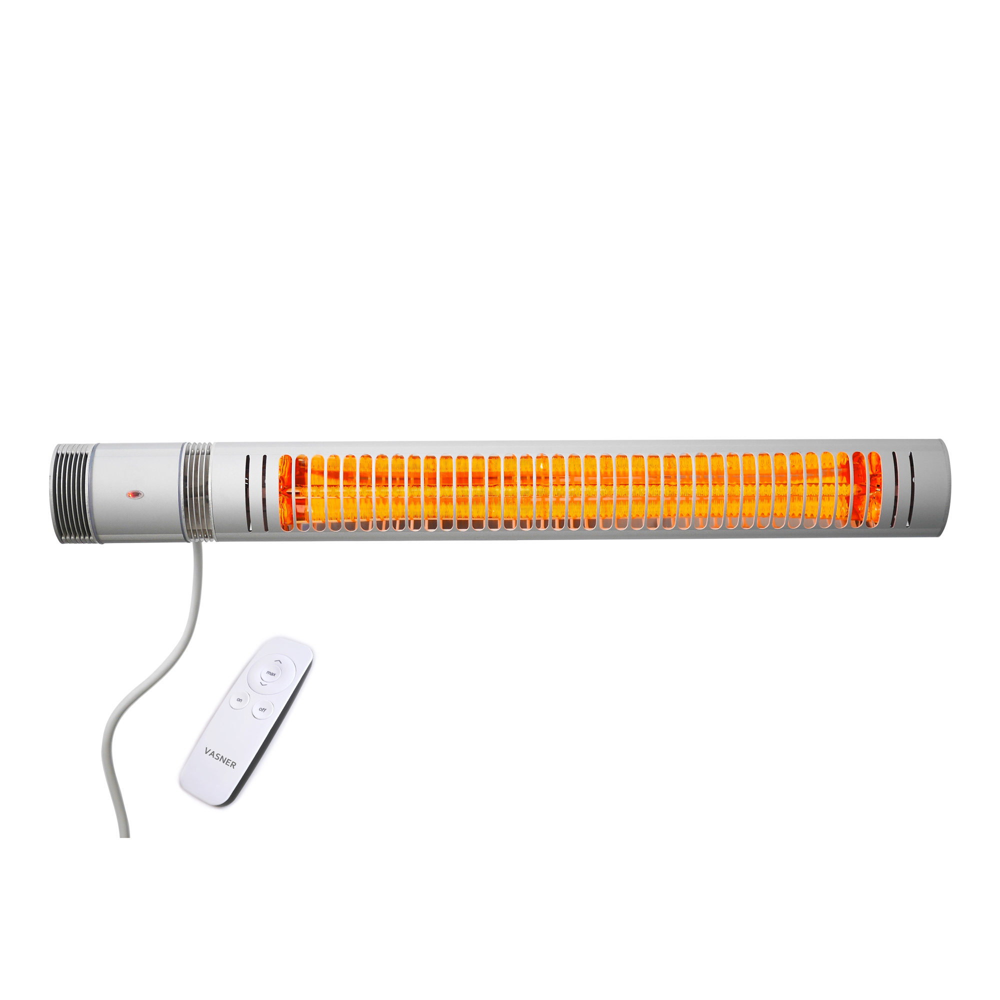 Ein weißer, an der Wand befestigter Heizkörper mit Fernbedienung. Der Heizkörper hat orangefarbene Heizelemente.