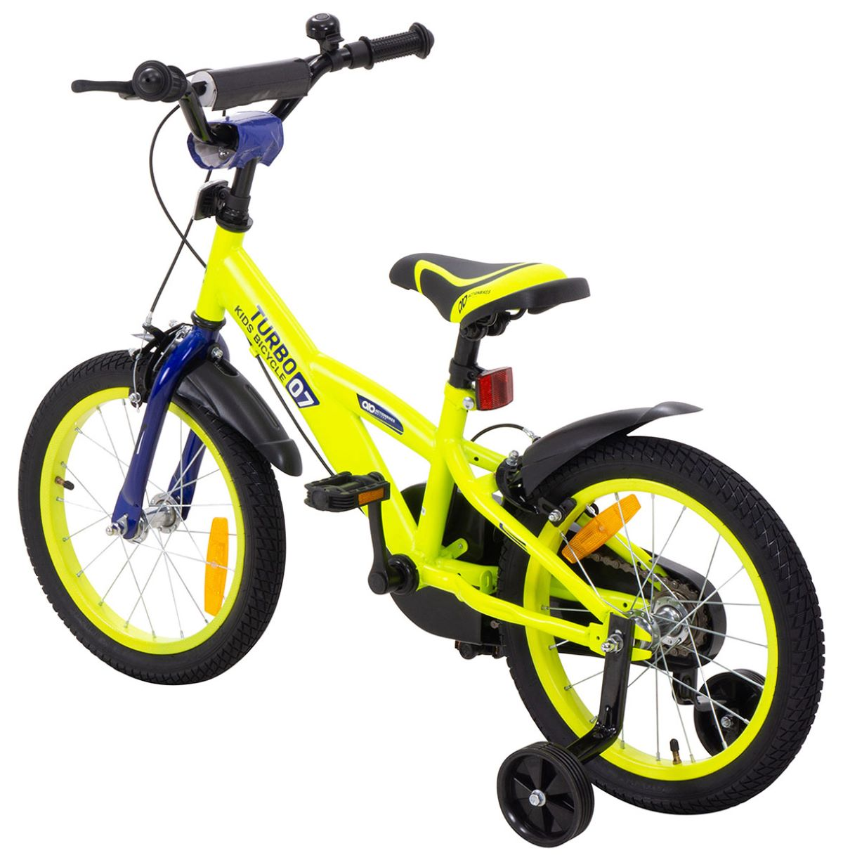 Gelbes Kinderfahrrad mit Stützrädern. Schwarze Schutzbleche und blaue Akzente.