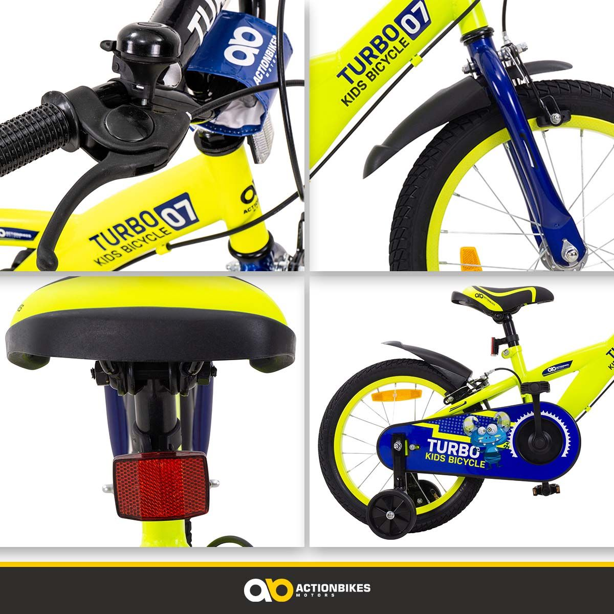 Gelb-blaues Turbo 07 Kinderfahrrad. Nahaufnahmen von Lenker, Rädern, Sattel und Rahmen.