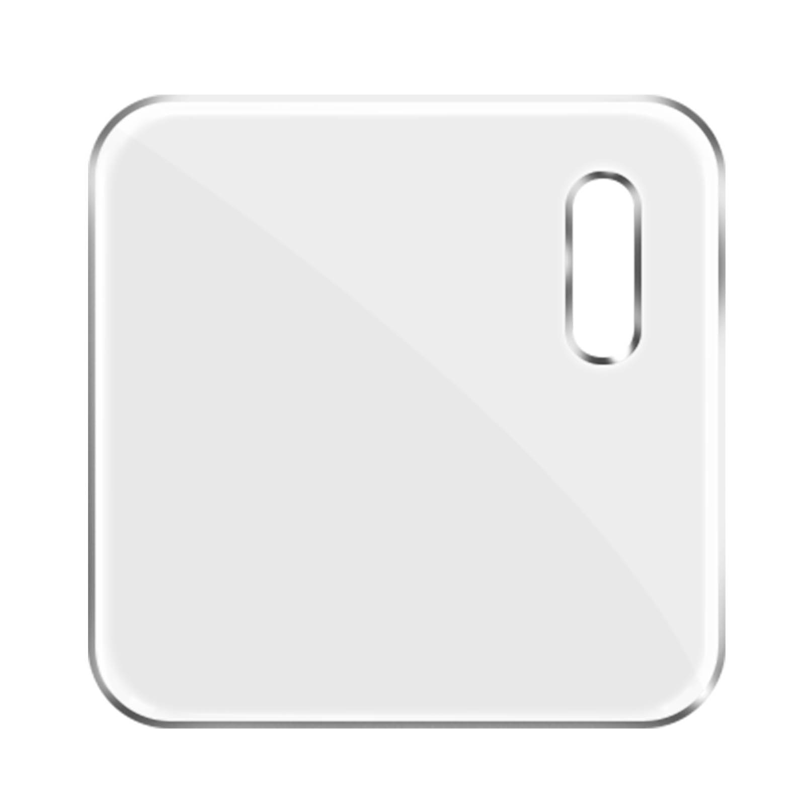 Quadrato bianco con bordi arrotondati e un foro. È su sfondo bianco.