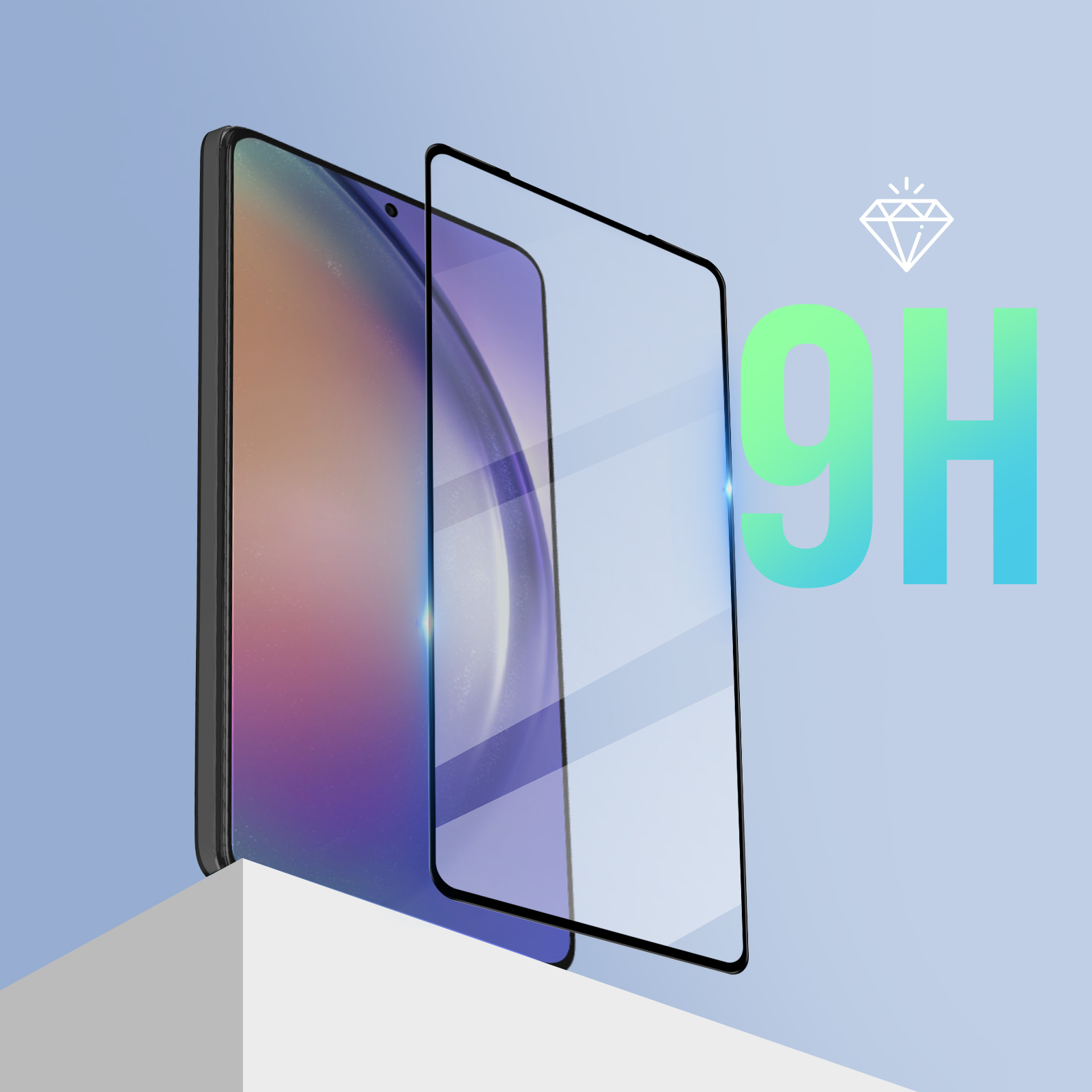 Un telefono e una protezione schermo, con classificazione 9H, su uno sfondo blu sfumato.