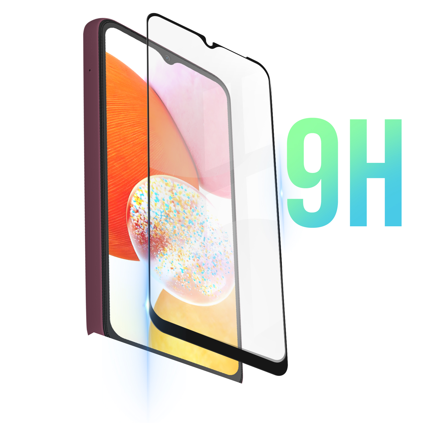 Een telefoonhoesje met een schermbeschermer wordt ernaast gehouden. De hoes is rood en de beschermer is helder.