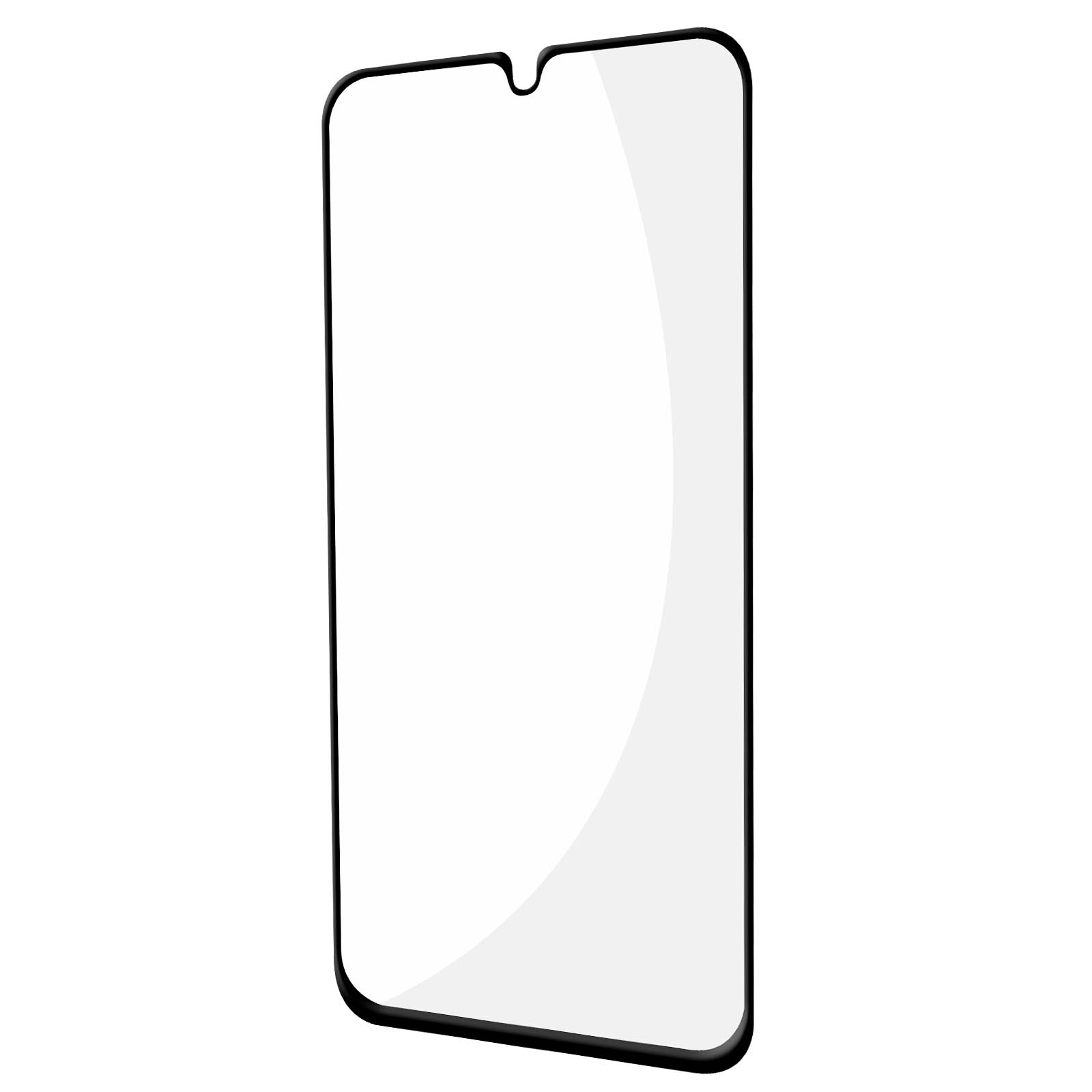 Un protecteur d'écran en verre pour un téléphone, avec un dessus incurvé et un cadre noir.