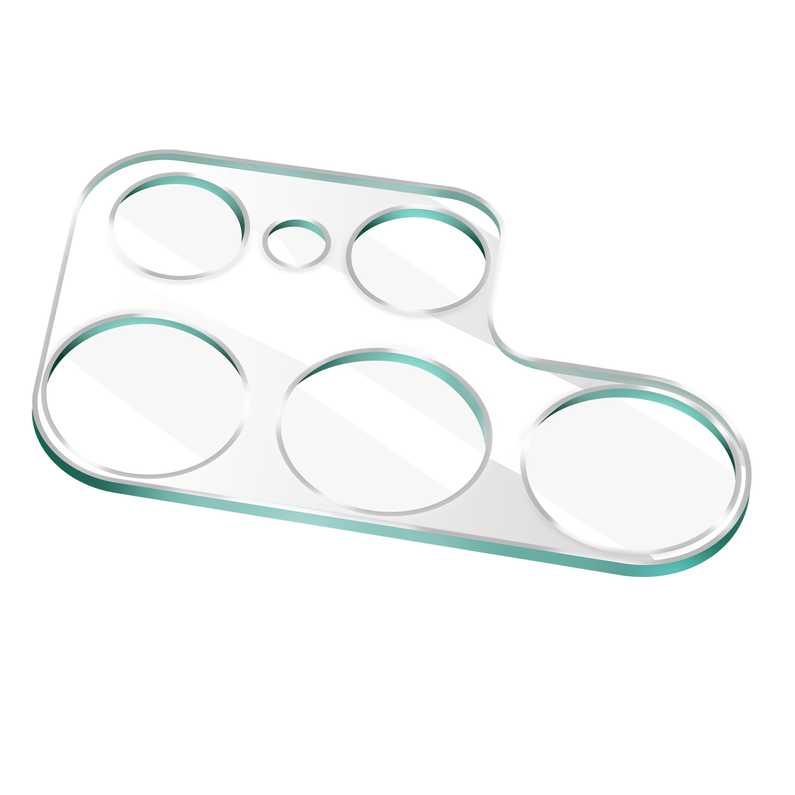 Een witte plastic beschermer voor de cameralens van een telefoon met meerdere cirkelvormige uitsparingen, met een turquoise omtrek.