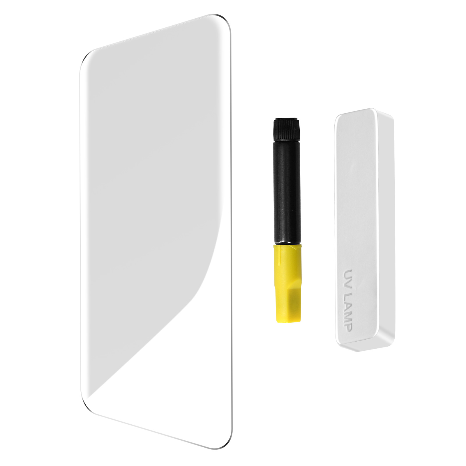 Un protecteur d'écran, une lampe UV et un tube de colle sont sur une surface blanche. Les articles sont neufs.