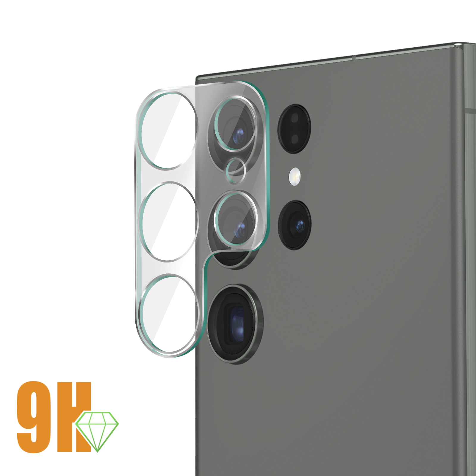 Telefoon cameralensbeschermer met telefoon op witte ondergrond.