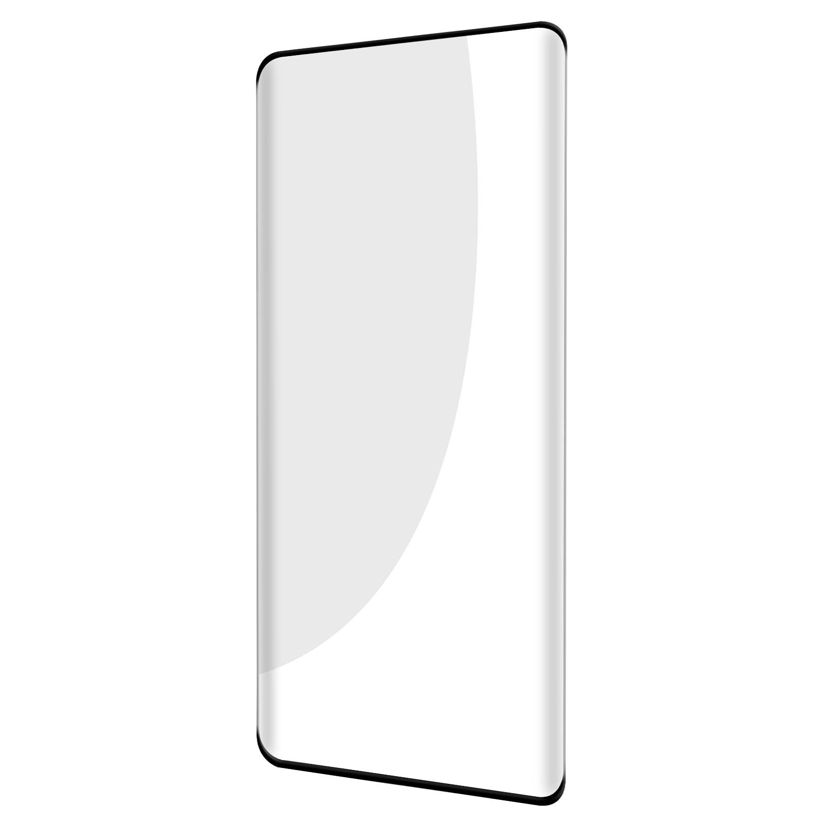 Protecteur d'écran transparent pour un téléphone. Bords incurvés, surface brillante. Fond blanc.