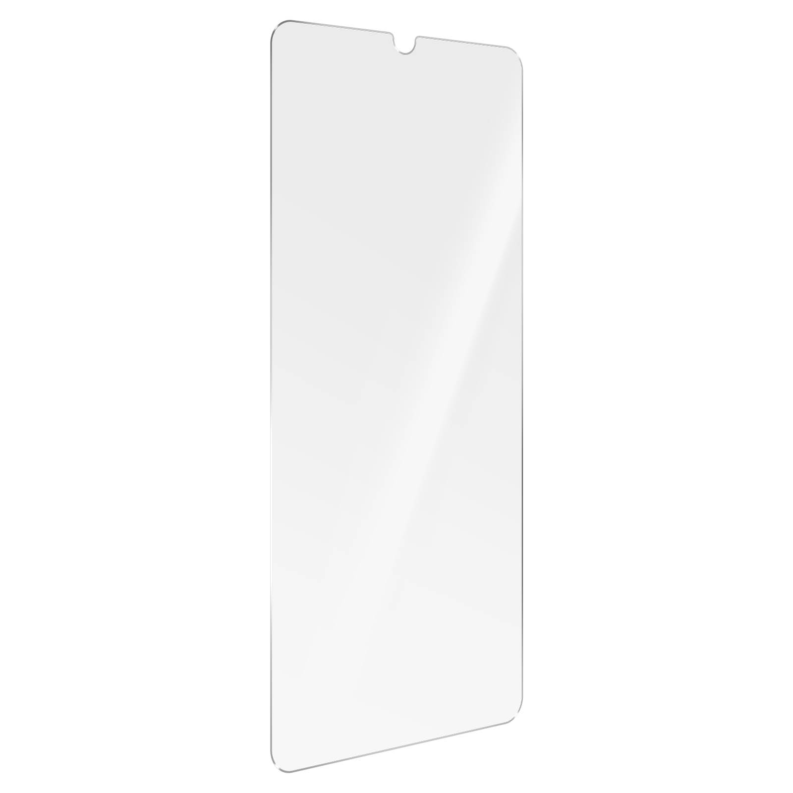 Protecteur d'écran rectangulaire transparent pour téléphone, légèrement incliné.