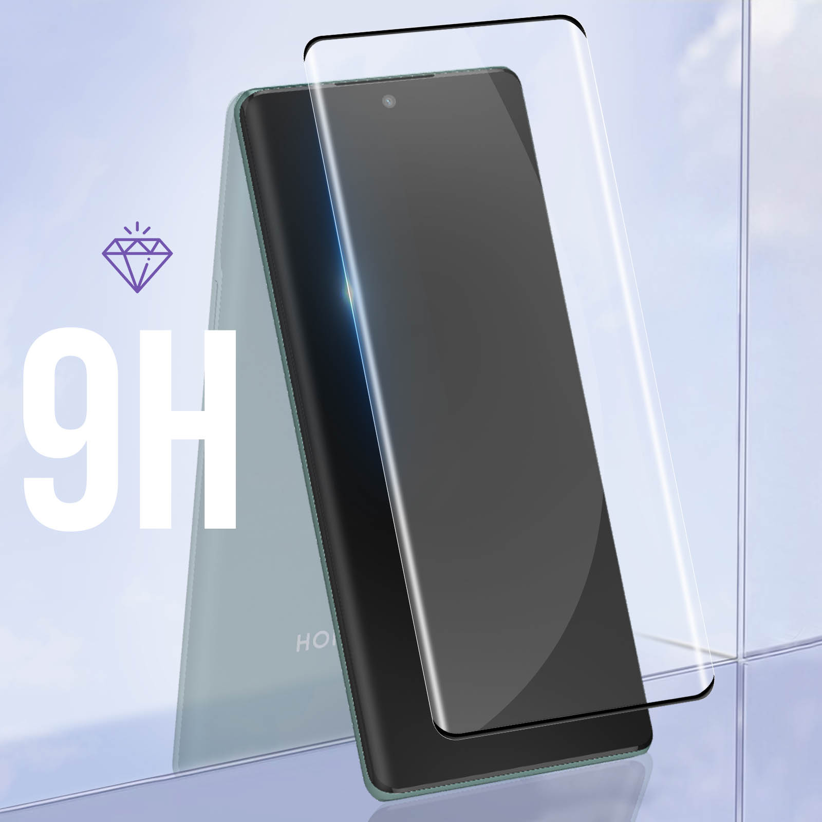 Un smartphone avec un protecteur d'écran appliqué, présentant une cote 9H, avec une icône de diamant.