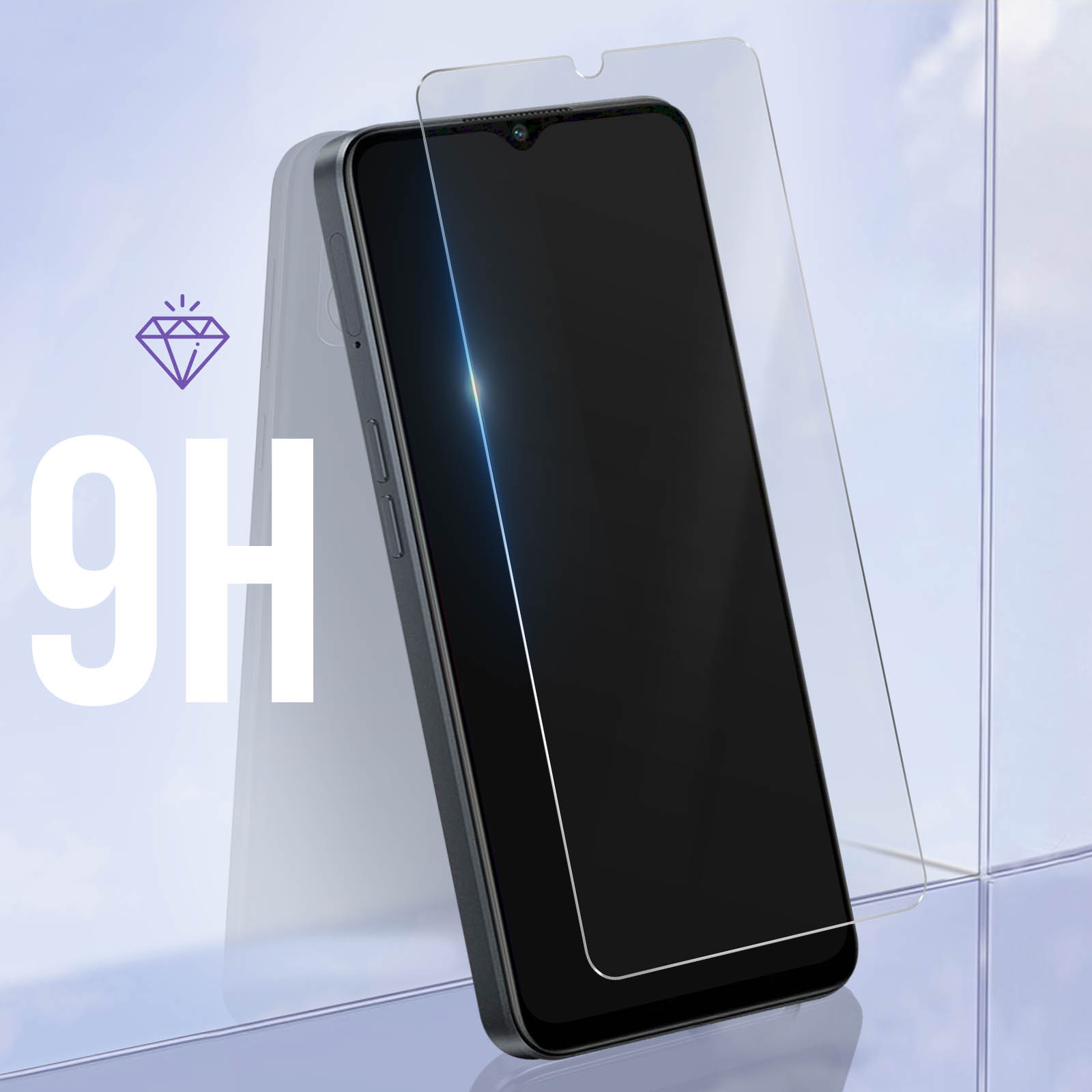 Un téléphone est derrière un protecteur d'écran, avec 9H et une icône de diamant visibles.