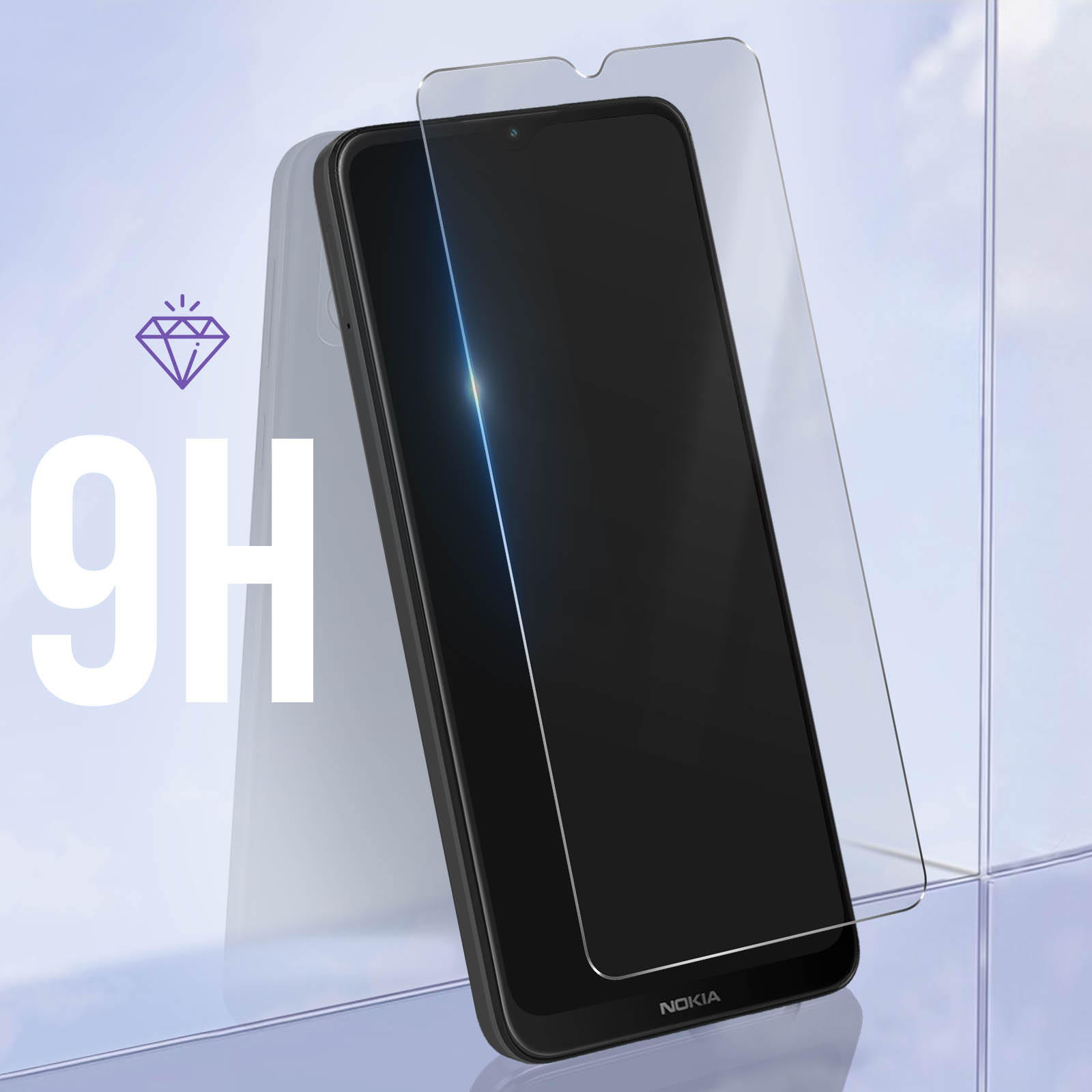 Un telefono con protezione per lo schermo, appoggiato, con la parola '9H' e un'icona a diamante.