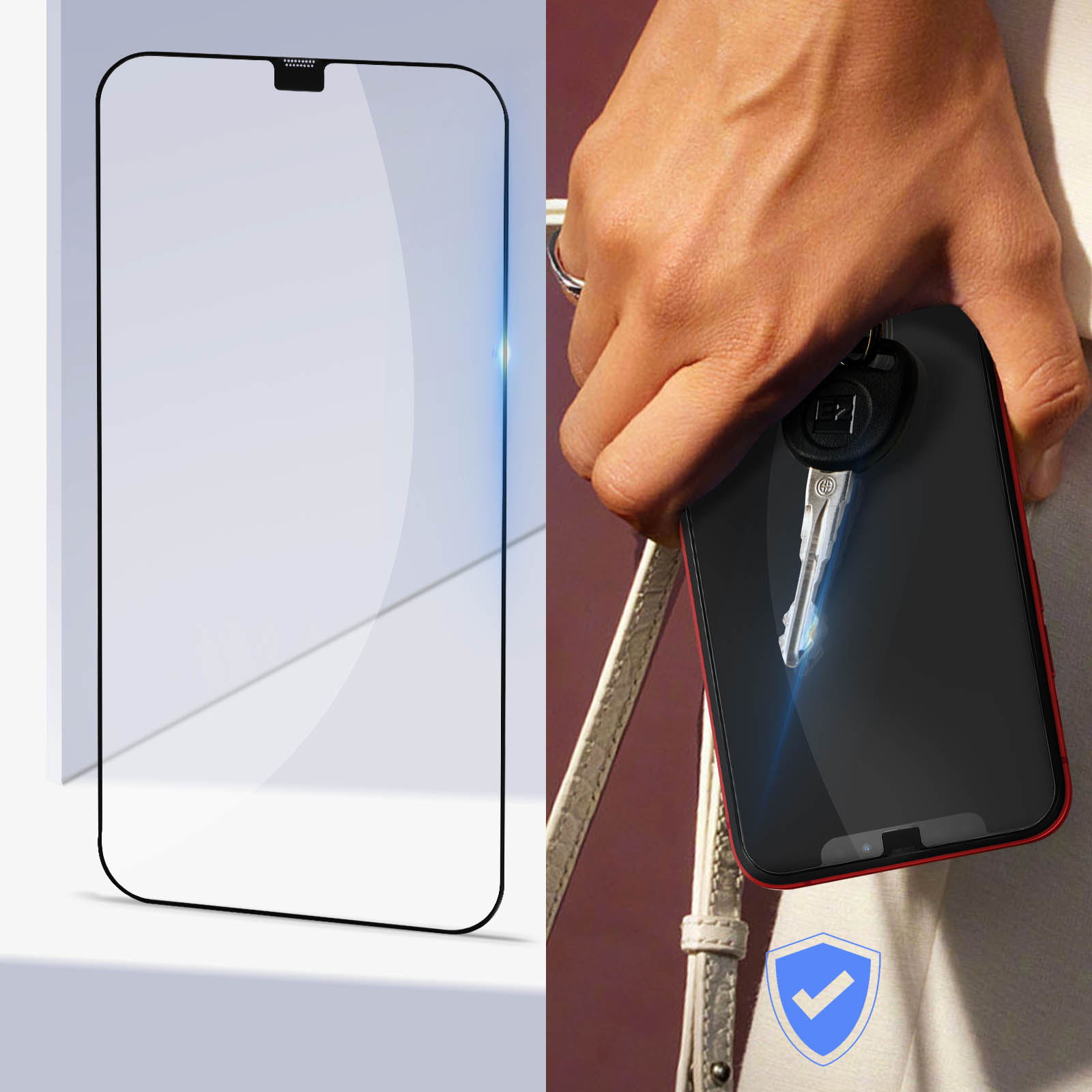 Telefono con protezione schermo. Mano che tiene il telefono con la chiave. Sfondo bianco, blu.
