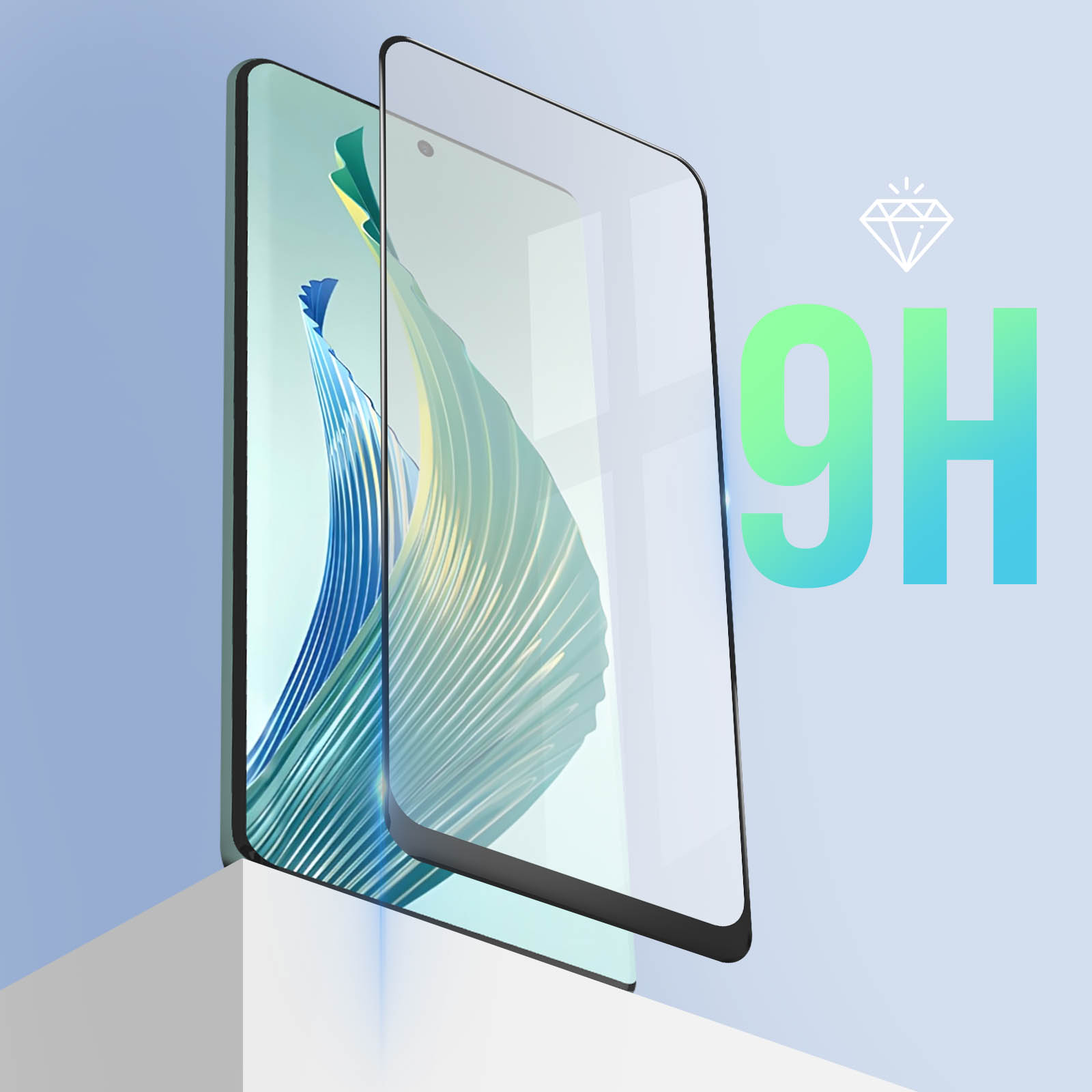 Un téléphone avec un protecteur d'écran, un logo diamant et le chiffre '9H'.