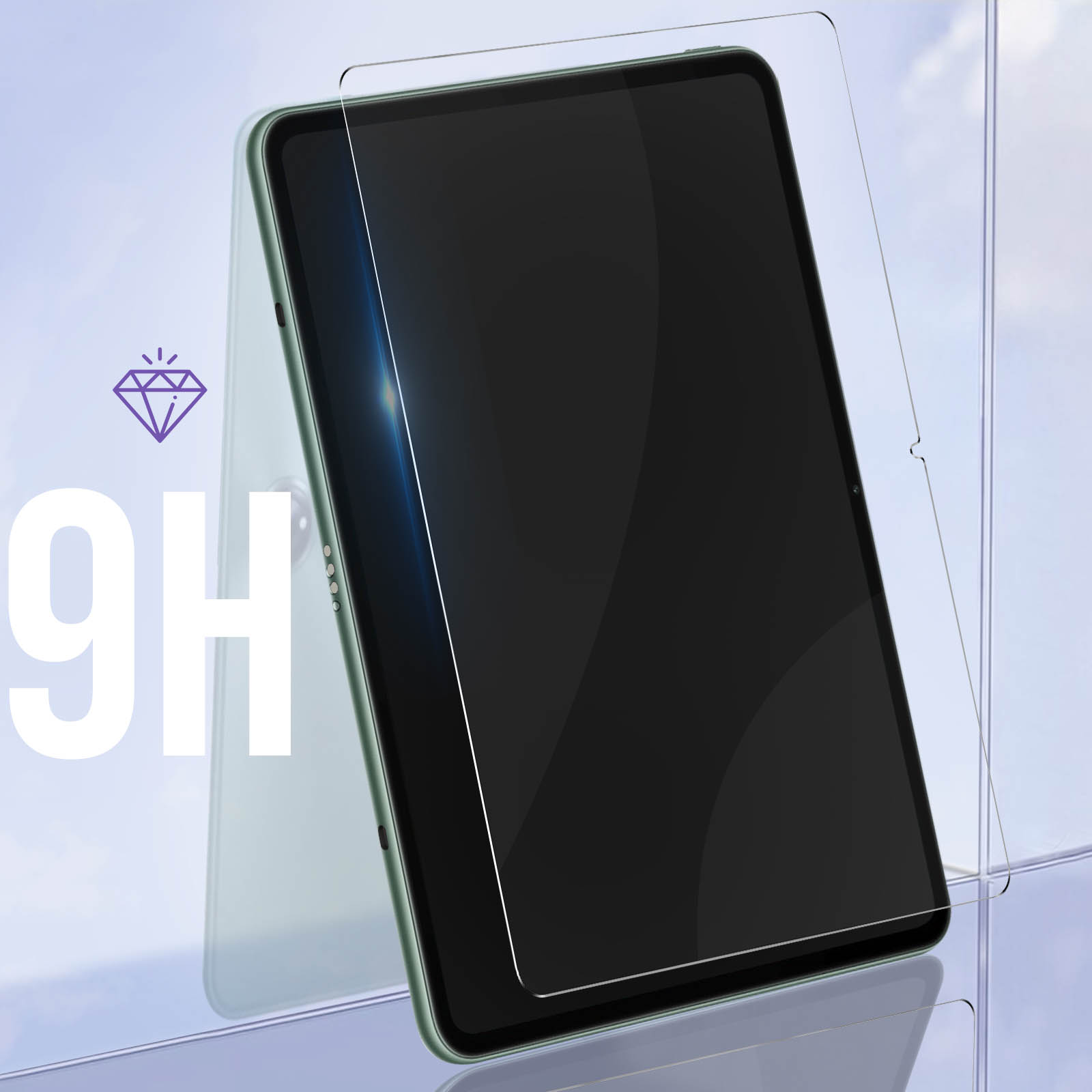 Tablet con protezione schermo applicata. Cornice verde, protezione in vetro. Icona diamante.